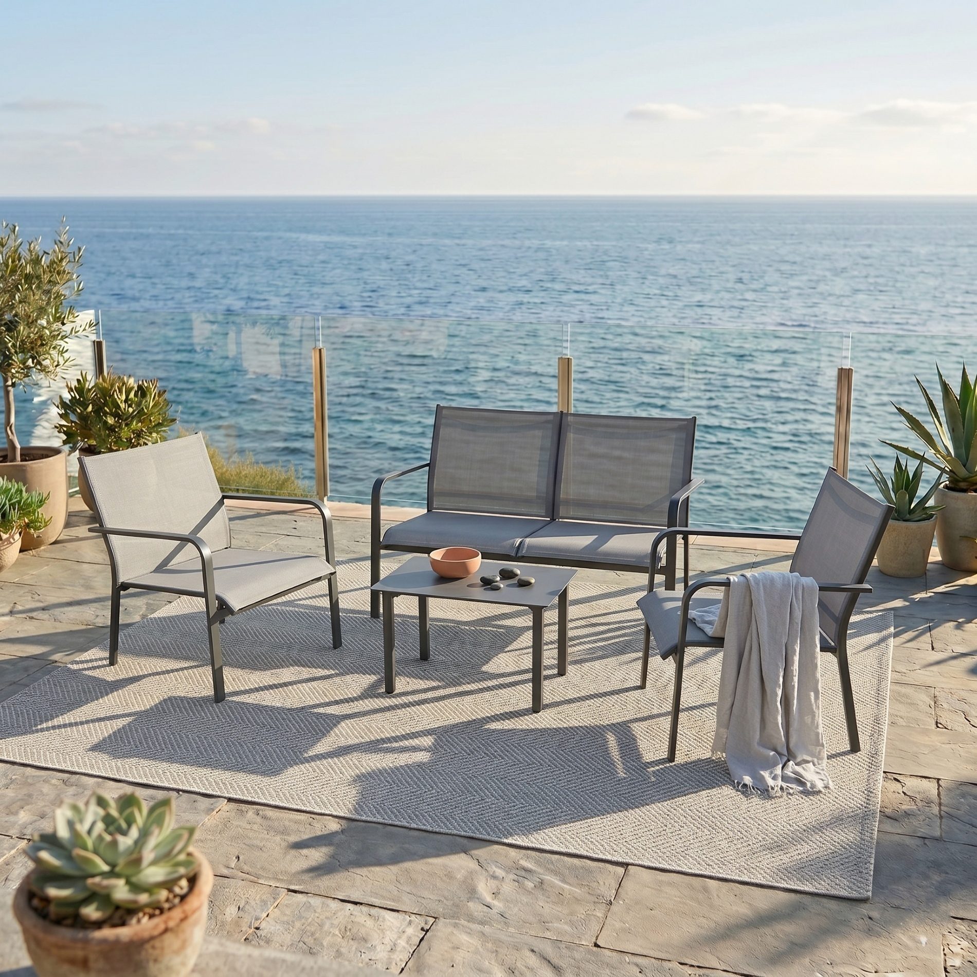 Jati & Kebon Gartenlounge-Set Dransy, Loungeset, Outdoor-Set, (2 Loungesessel, 1 Loungesofa & 1 Loungetisch, 4-tlg), für 4 Personen, Aluminium eisengrau, Textilgewebe
