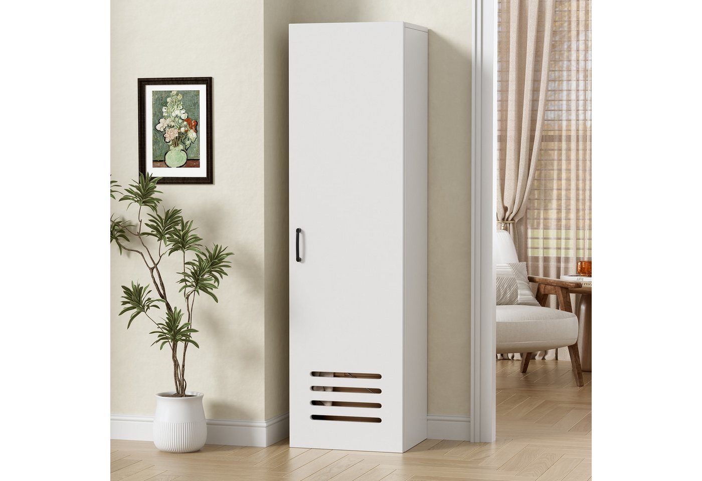 PEALOV Hochschrank Schmaler Badezimmerschrank mit Fächern für Bad und Hauswirtschaftsraum (1-St) Weißer Nischenschrank 40x30x160 cm mit Kabeldurchführung