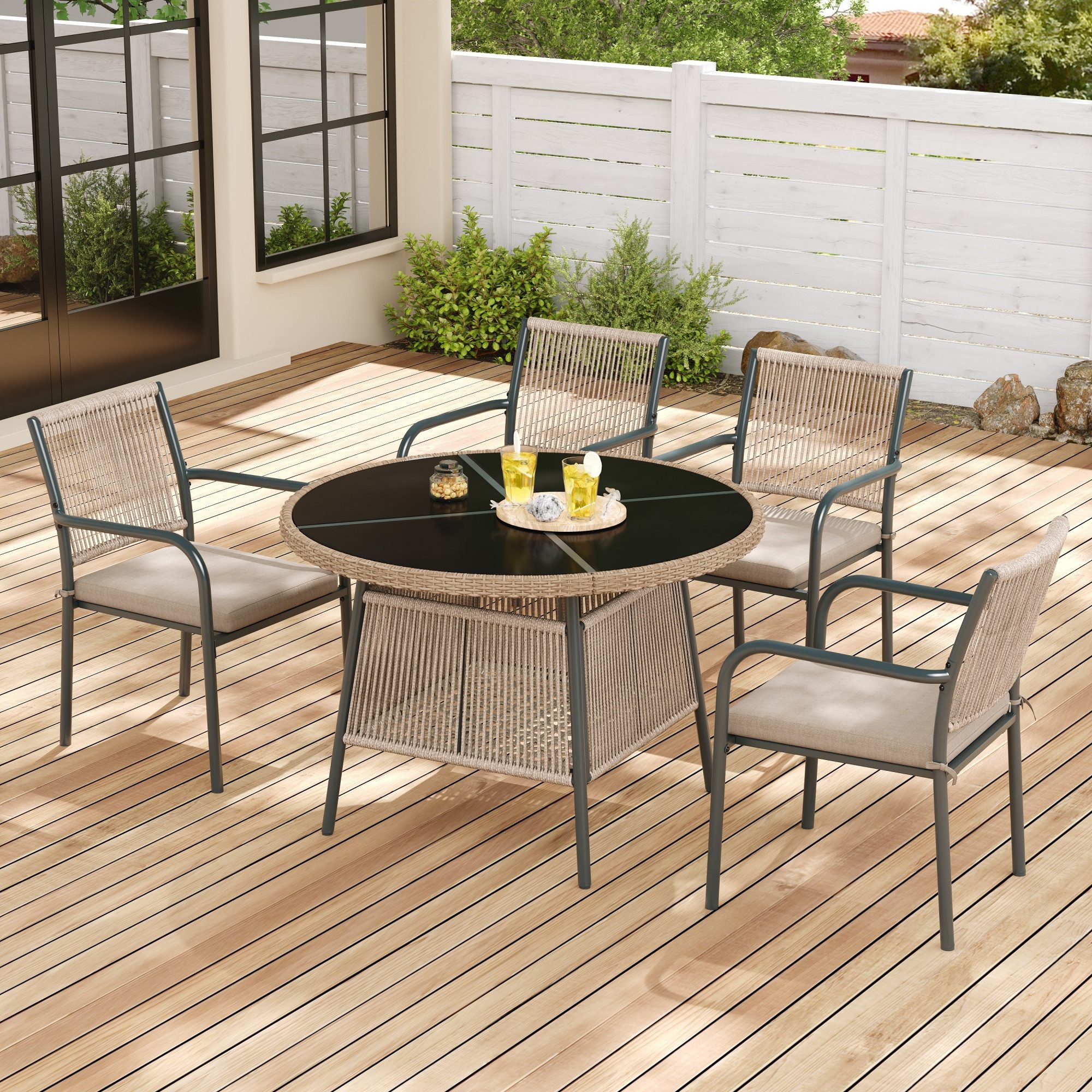 HAUSS SPOLE Sitzgruppe 5-Teilig Rundtisch Modular Modern Sicherheitsglas Seilgeflecht Grau, (Set, 5-tlg., Modernes Gartenmöbel-Set aus Rattan), Eisengestell, Geeignet für Terrasse/Balkon/Deck