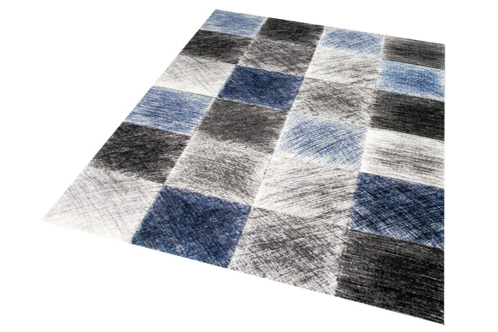 Carpetia Teppich Teppich modern Wohnzimmerteppich karo blau grau schwarz, rechteckig, Höhe: 15 mm