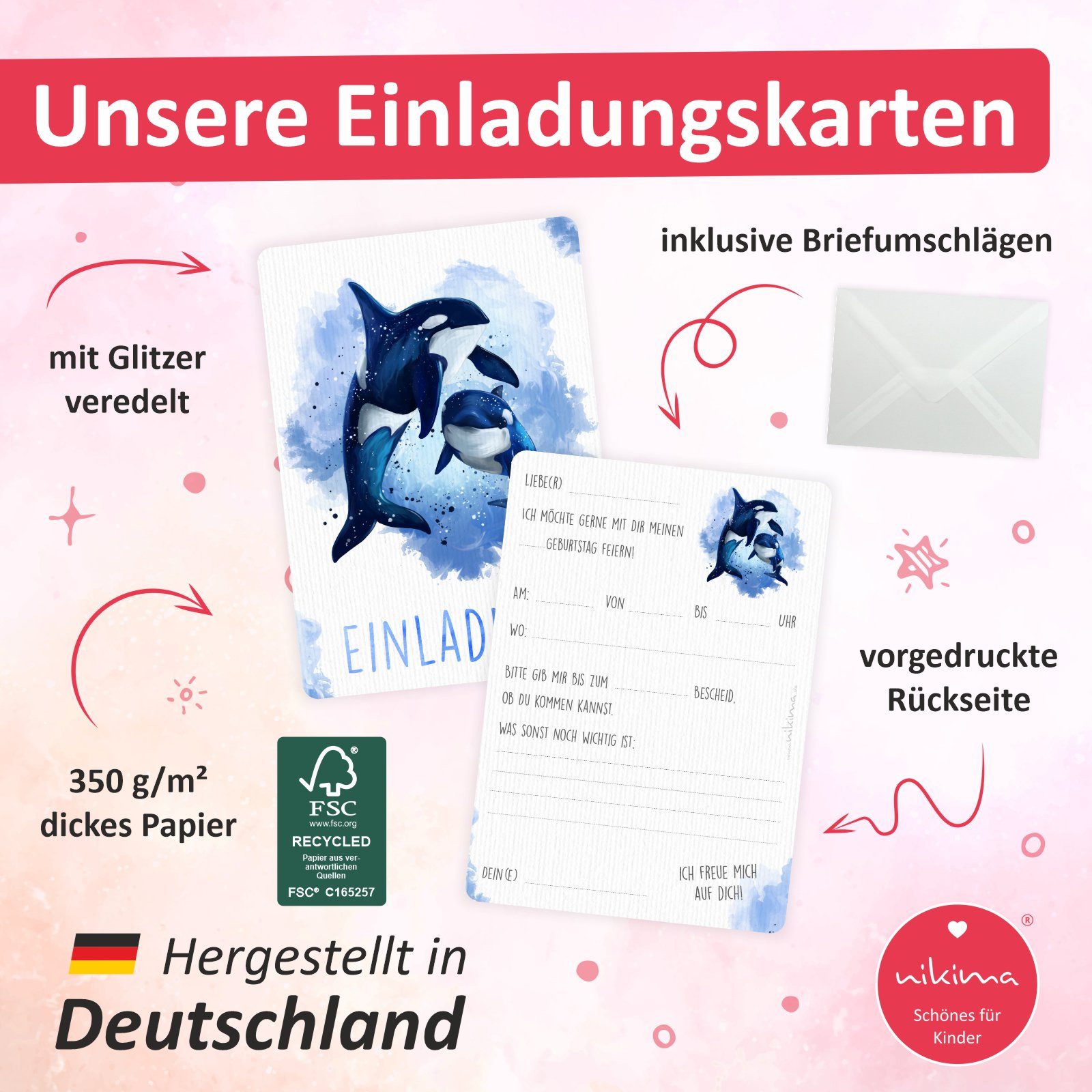 nikima Einladungskarten 10 Einladungskarten Orca inkl. Umschlag