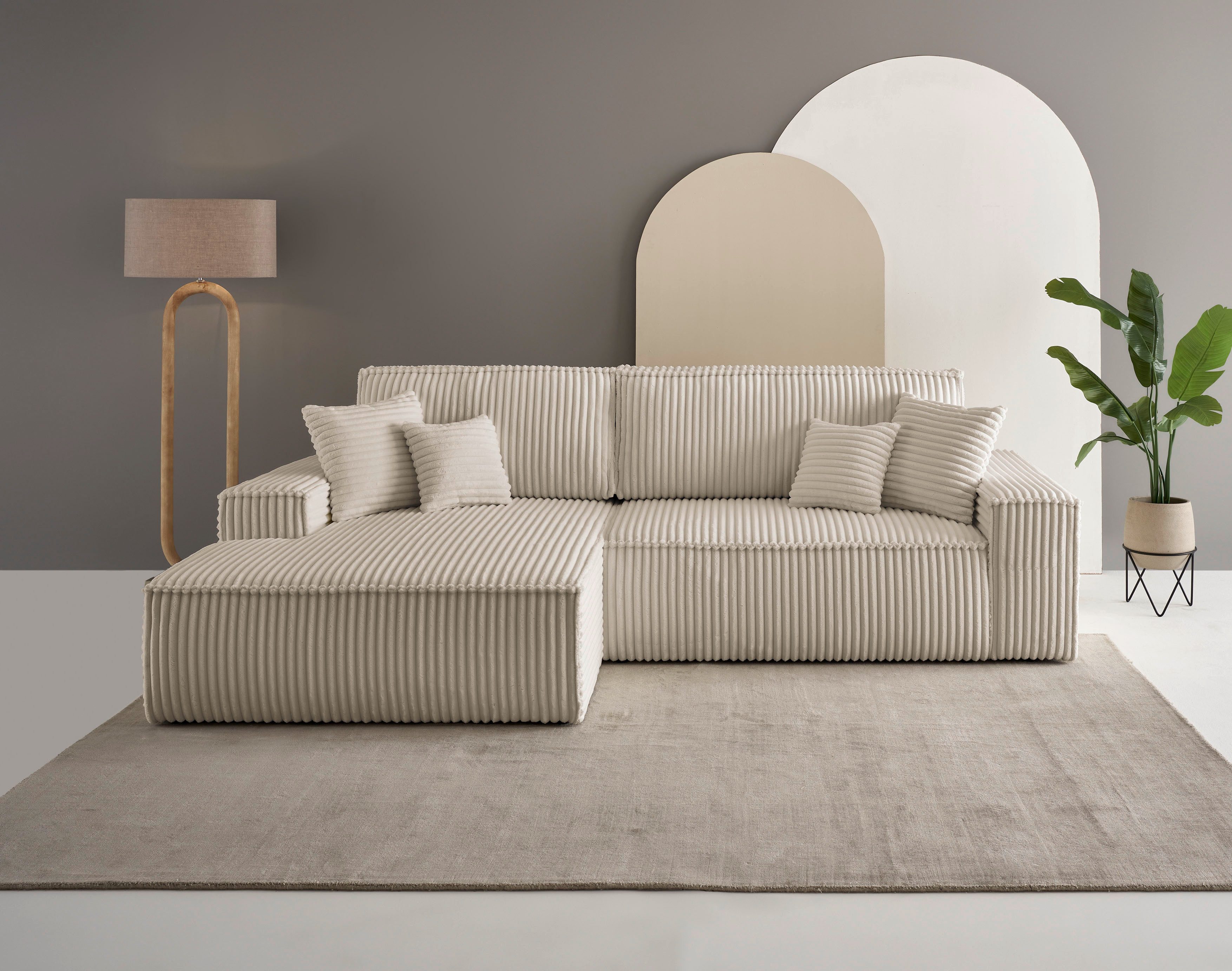 andas Ecksofa FINNLEY Schlafsofa 267 cm, L-Form mit Schlaffunktion & Bettkasten, verfügbar in den Stoffqualitäten Bouclé, Struktur fein und Mega Cord