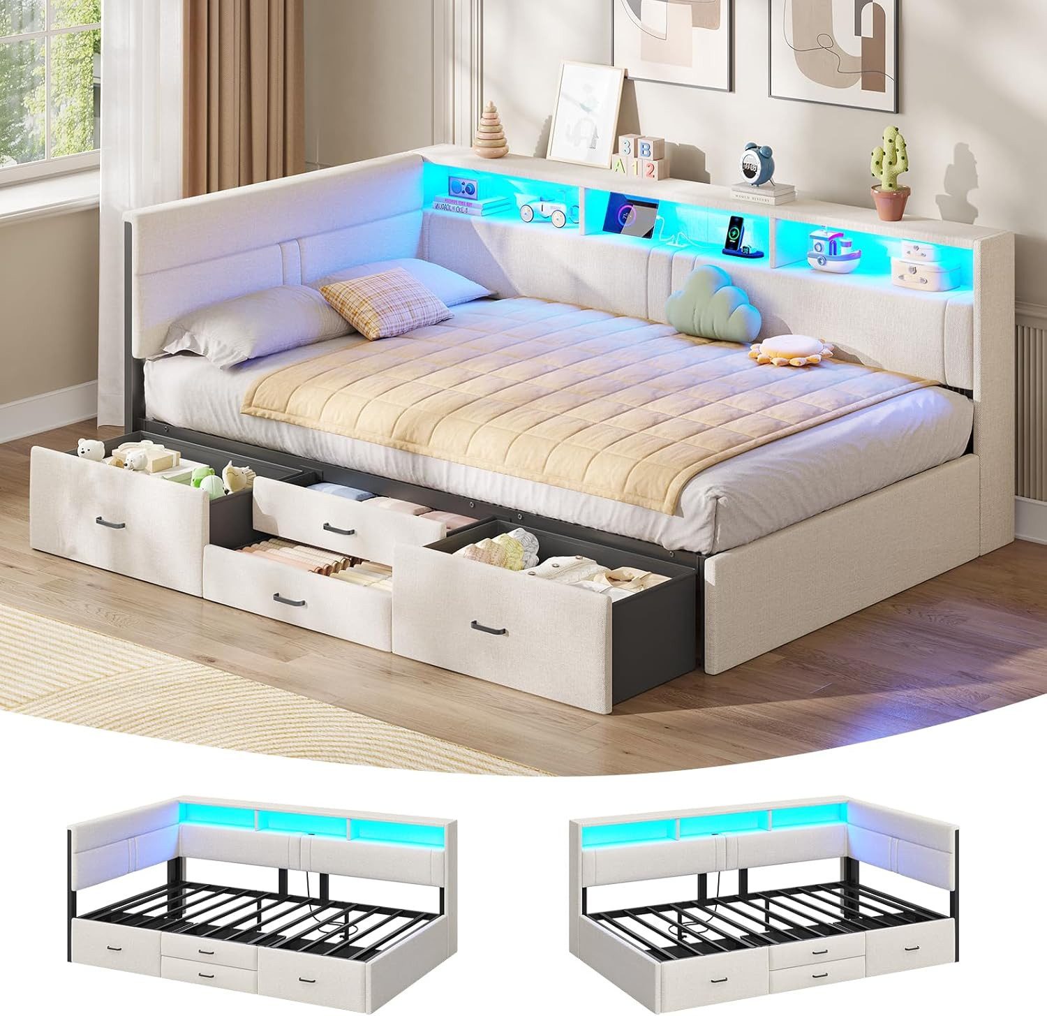 MSMASK Polsterbett Schlafsofa mit LED-Beleuchtung & Ladestation, Einzelbett, Daybett (Ohne Matratze), Jugendbett mit 4 Schubladen, ohne Matratze, 90x200 cm