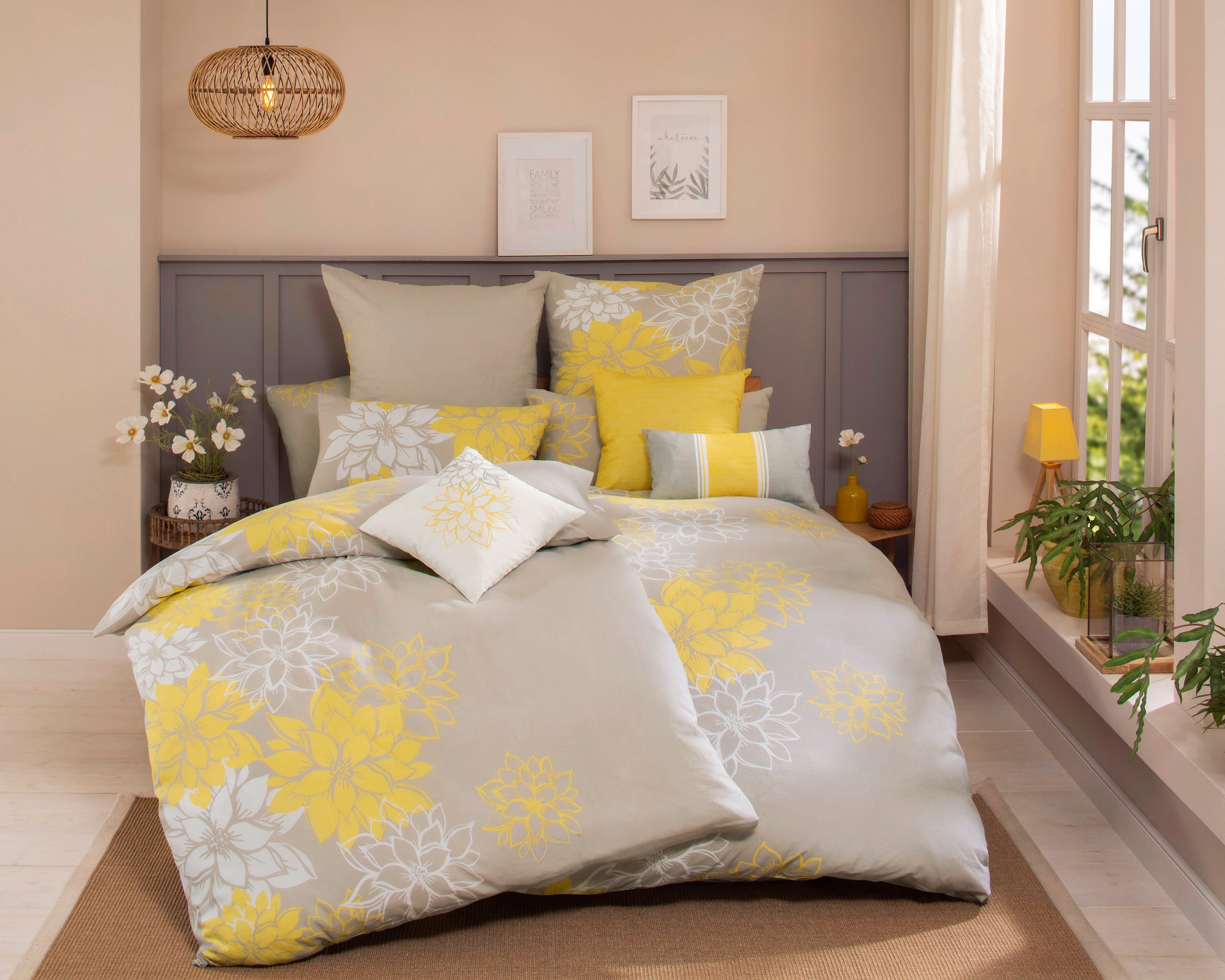(3 Baumwolle, Kissenbezüge aus Stück), Kissenbezug in Set unterschiedliche einem Susan Kissenbezug hautfreundlicher Kissenhülle, floralem in gelb affaire Design, Home Designs