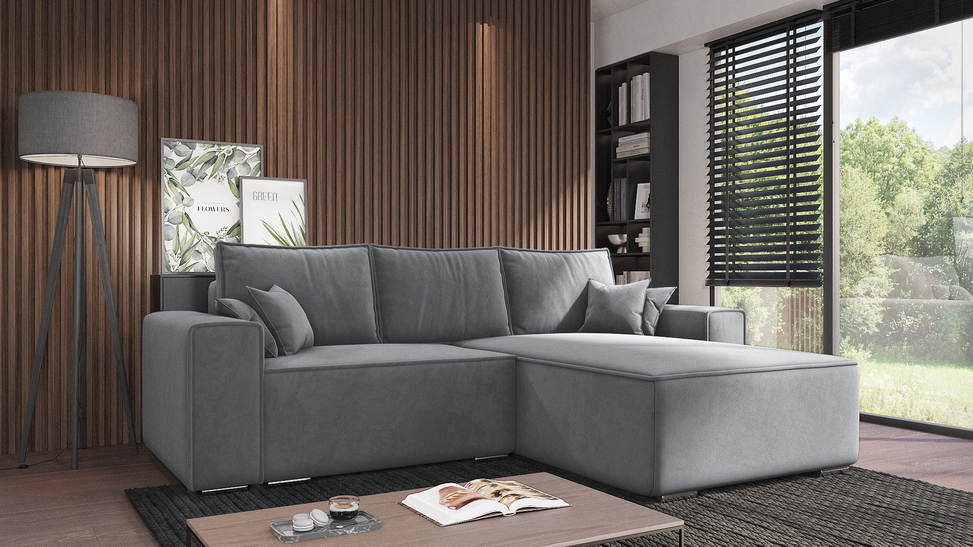 Goldstoff Ecksofa Oslo mit Schlaffunktion, L-Form mit Bettkasten und Federkern, Eckcouch, Chrombeine,Schlaffunktion,Federkern