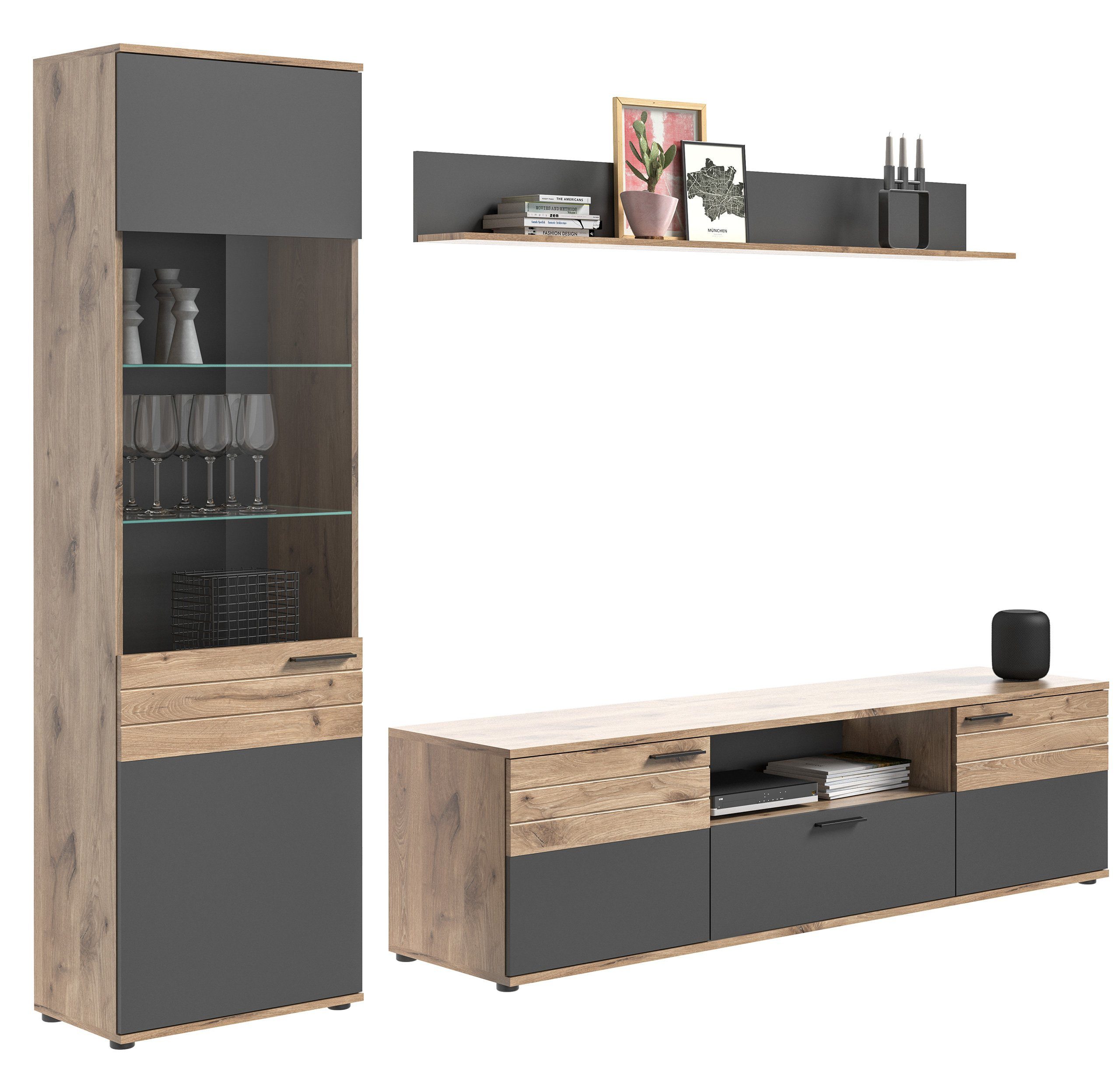 Newroom Wohnwand Elera, Wohnwand Basalt Grau Eiche Schrankwand Anbauwand Industrial Modern ...