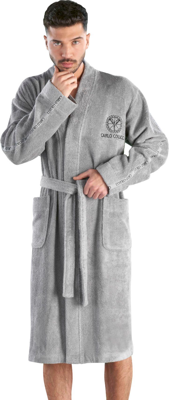 CARLO COLUCCI Herrenbademantel Vito, ideal für Sauna & Spa, Hotelbademantel, Morgenmantel, Kurzform, Baumwolle, Kimono-Kragen, Gürtel, Carlo Colucci Logostickerei auf der Brust und Logo auf den Ärmeln