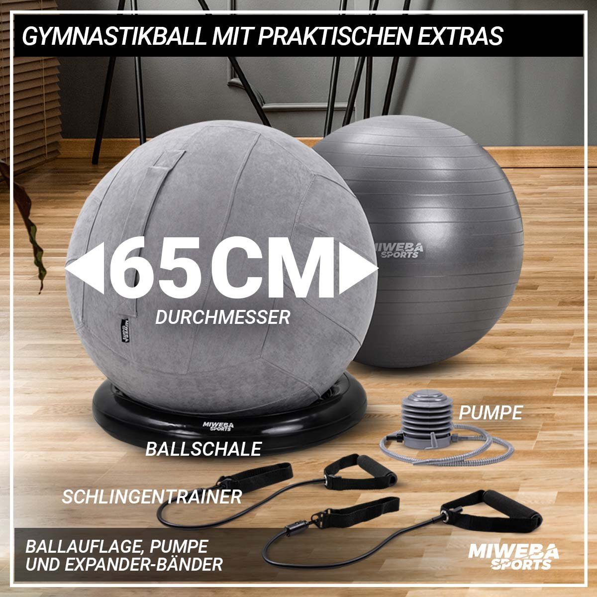 Miweba Sports Gymnastikball 4in1 Gymnastikball-Set inkl. Ballschale & Expander-Bänder. (ergonomischer Sitzball für Zuhause & Büro, Ballhocker, Balance Ball, Schwangerschaftsball, Sitzmöbel, Schreibtischstuhl, Massage Ball, Medizinball, Fitnessball, rutschsichere Standfläche, Wildleder-Optik, 70 cm Sitzhöhe, 65 cm Durchmesser, Ballauflage, Gymnastik-Schlingentrainer-Set, 4-St., Bezug, Tragegriff, Fußpumpe, 500 Kg Benutzergewicht), Gymnastik Pilates Sport Training Yoga Ball - Schlingentrainer