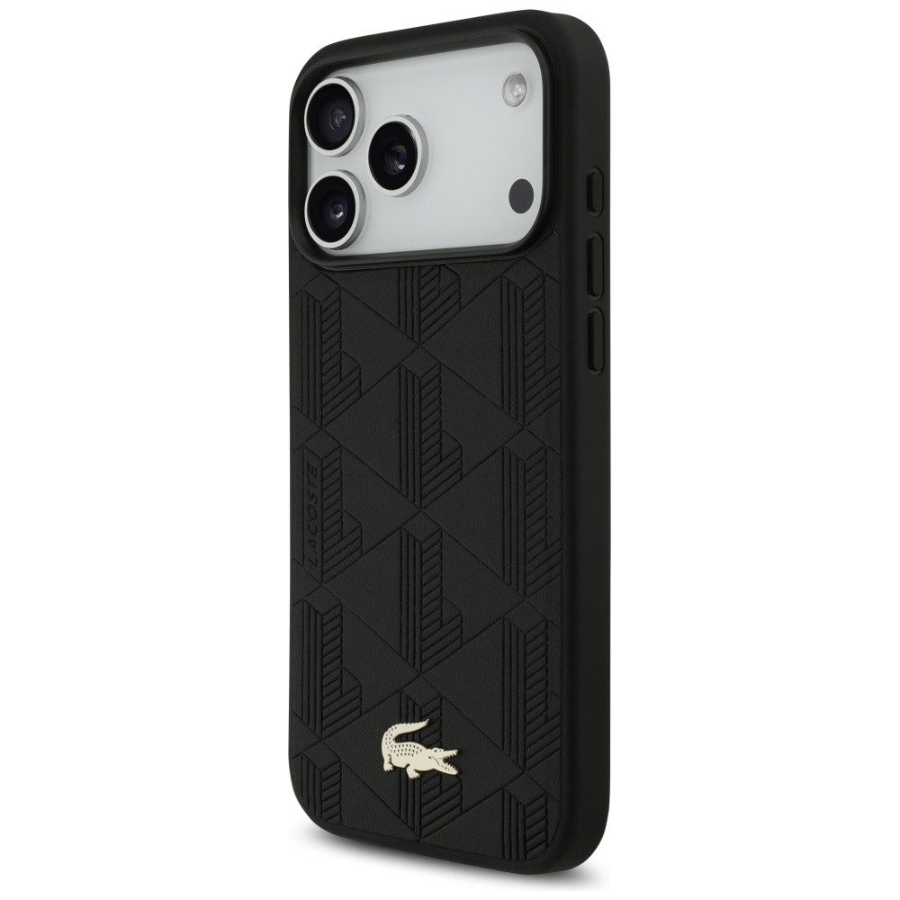 Lacoste Handyhülle iPhone 17 Pro Max Kunstleder schwarz Logo Krokodil goldfarbig. 6,9 Zoll, Kantenschutz
