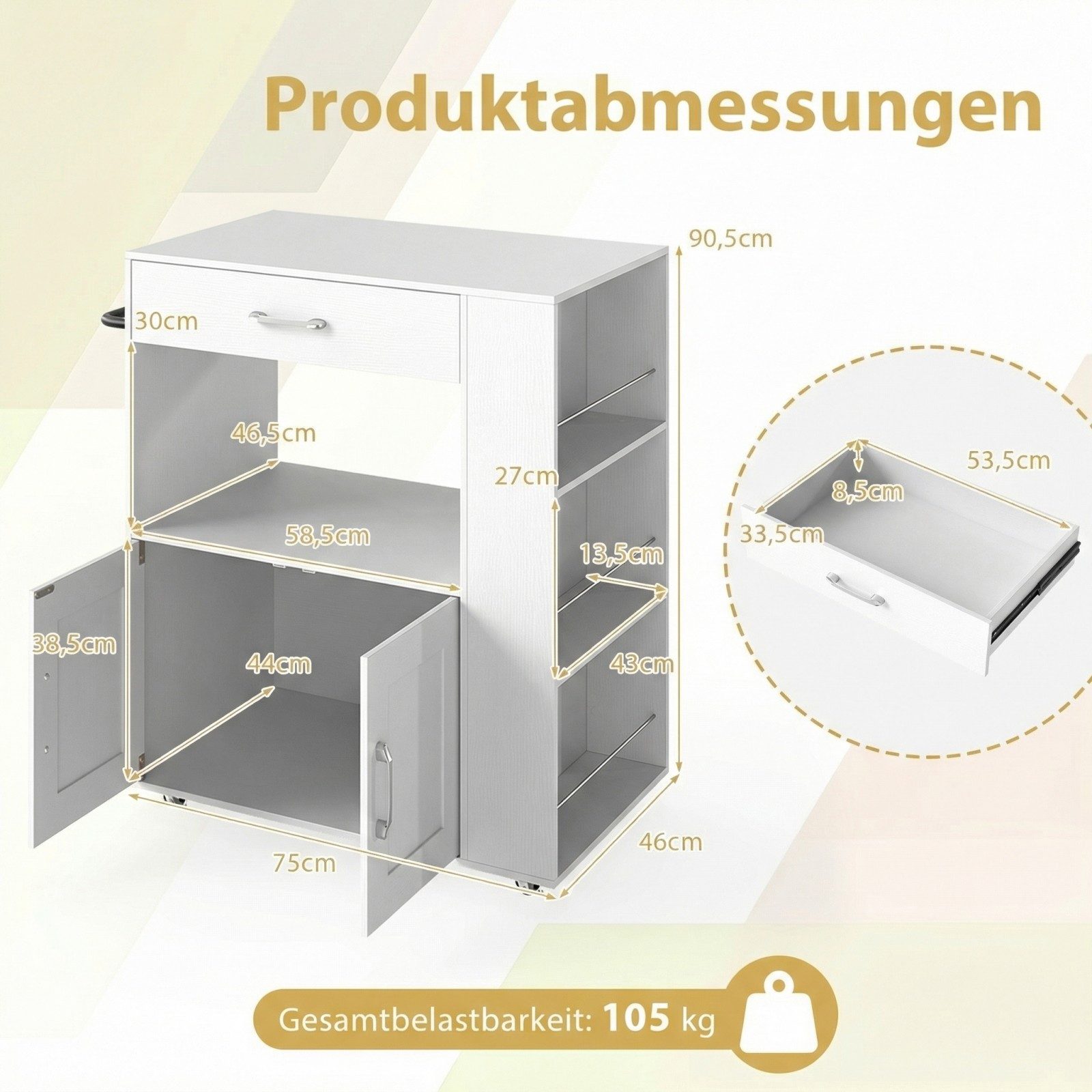 COSTWAY Küchenwagen, mit Arbeitsplatte, 3 Gewürzregalen & Schublade, rollbar