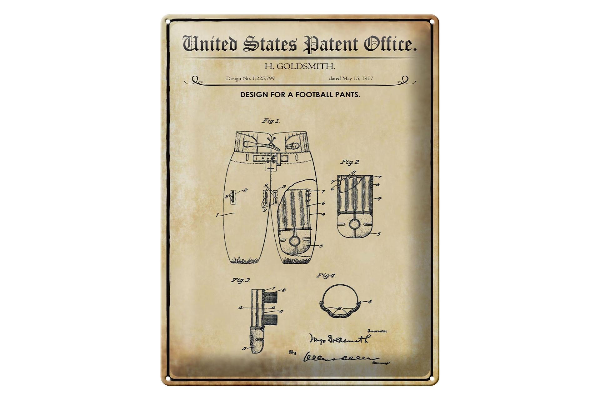 Femer GmbH Metallschild Patent 30x40 cm Entwurf für eine Football-Hose, (1 St), gewölbte Oberfläche, abgerundete Ecken, umgeschlagene Kanten