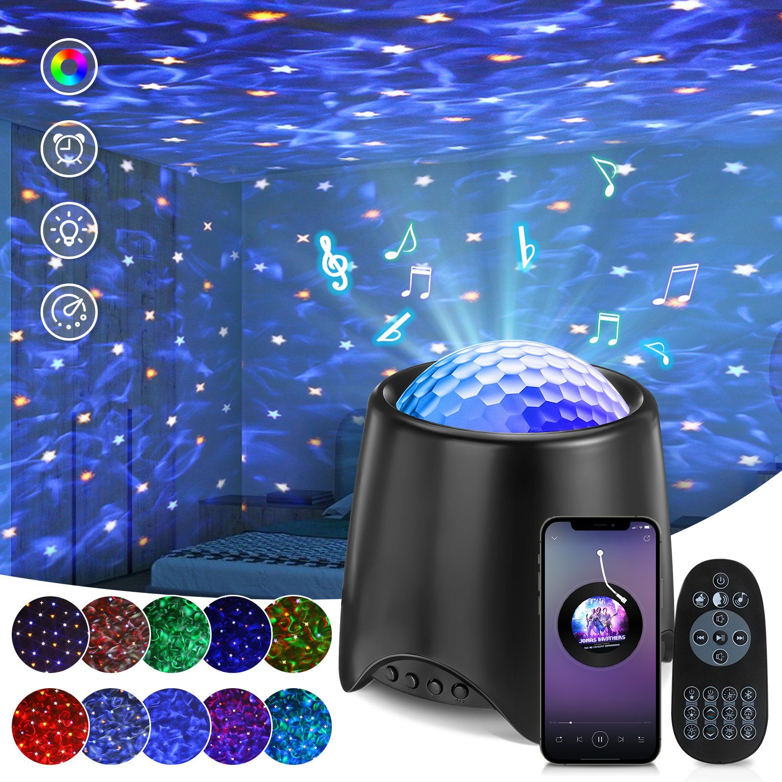 Bluetooth Musik integriert, Timer fest LED Wasserwelle Fernbedienung LED-Sternenhimmel, bunt, Insma