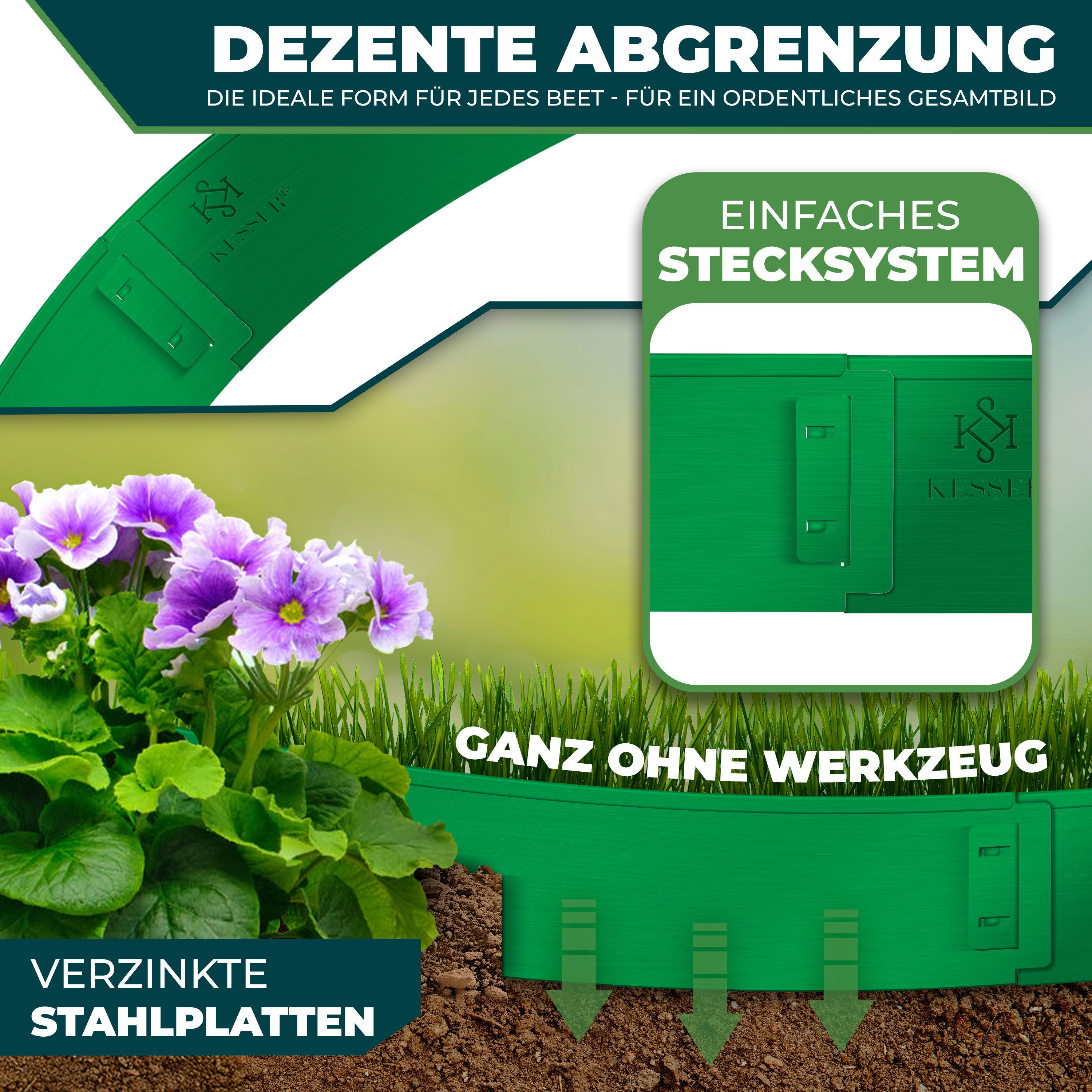 KESSER Rasenkante 5 bis 50m Beeteinfassung, Beetumrandung aus verzinkten Stahlplatten, LxH: 100x14 cm, als Metall Palisade, Beetbegrenzung & Mähkante geeignet