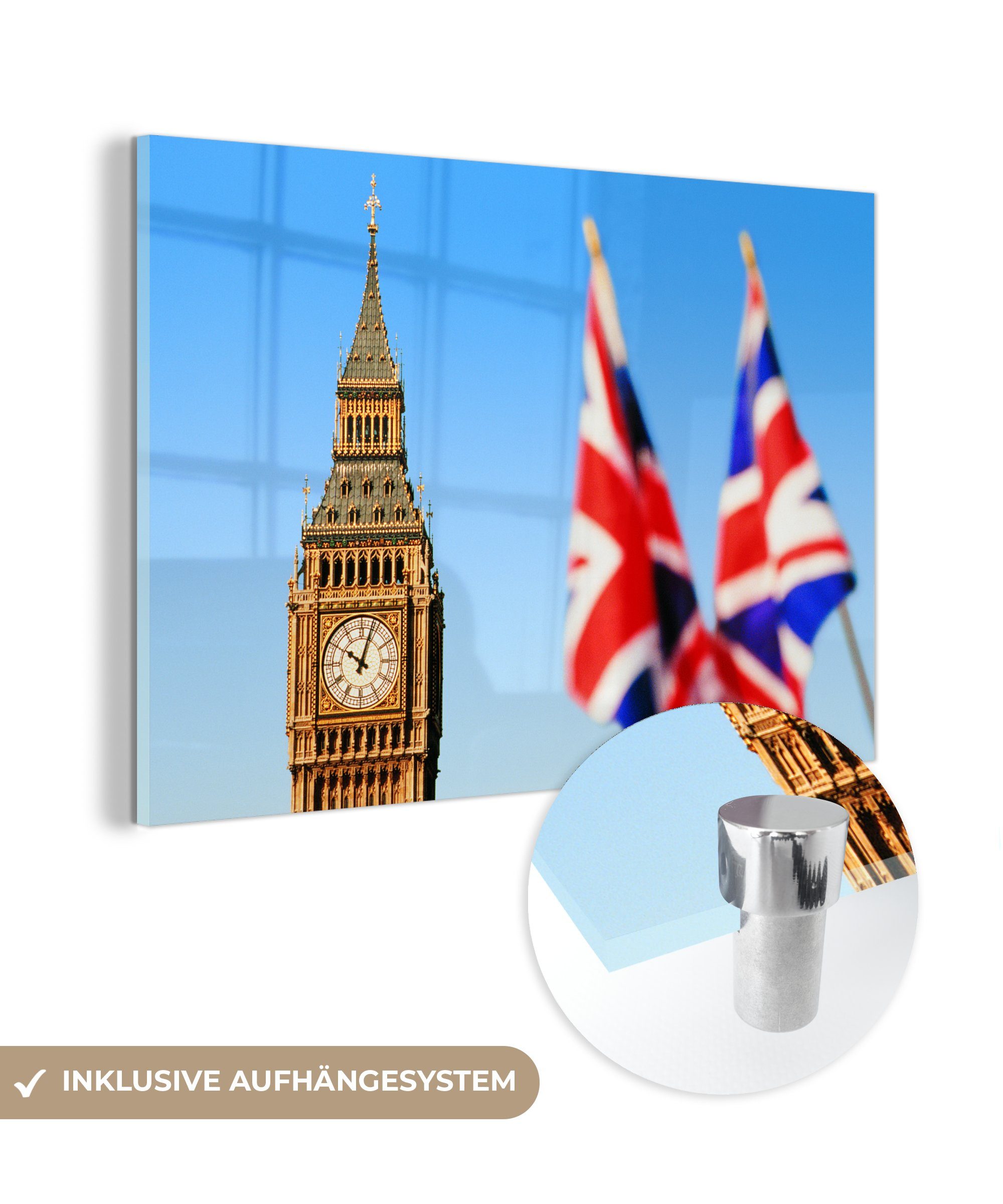 MuchoWow Acrylglasbild Big Ben und zwei britische Flaggen in London, (1 St), Acrylglasbilder Wohnzimmer & Schlafzimmer