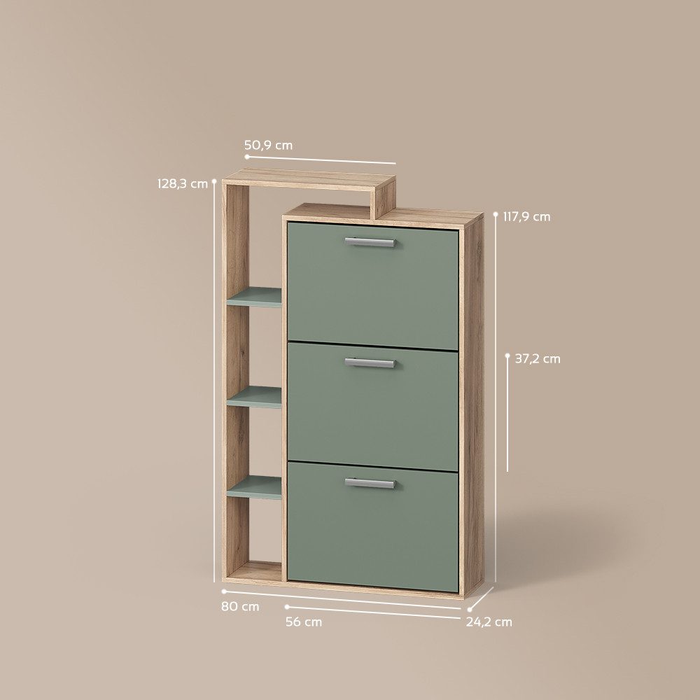 Livinity® Schuhkipper Ortello, Goldkraft Eiche/Grün/Grün, 80 x 128.3 cm mit 3 Fächern (1 St)