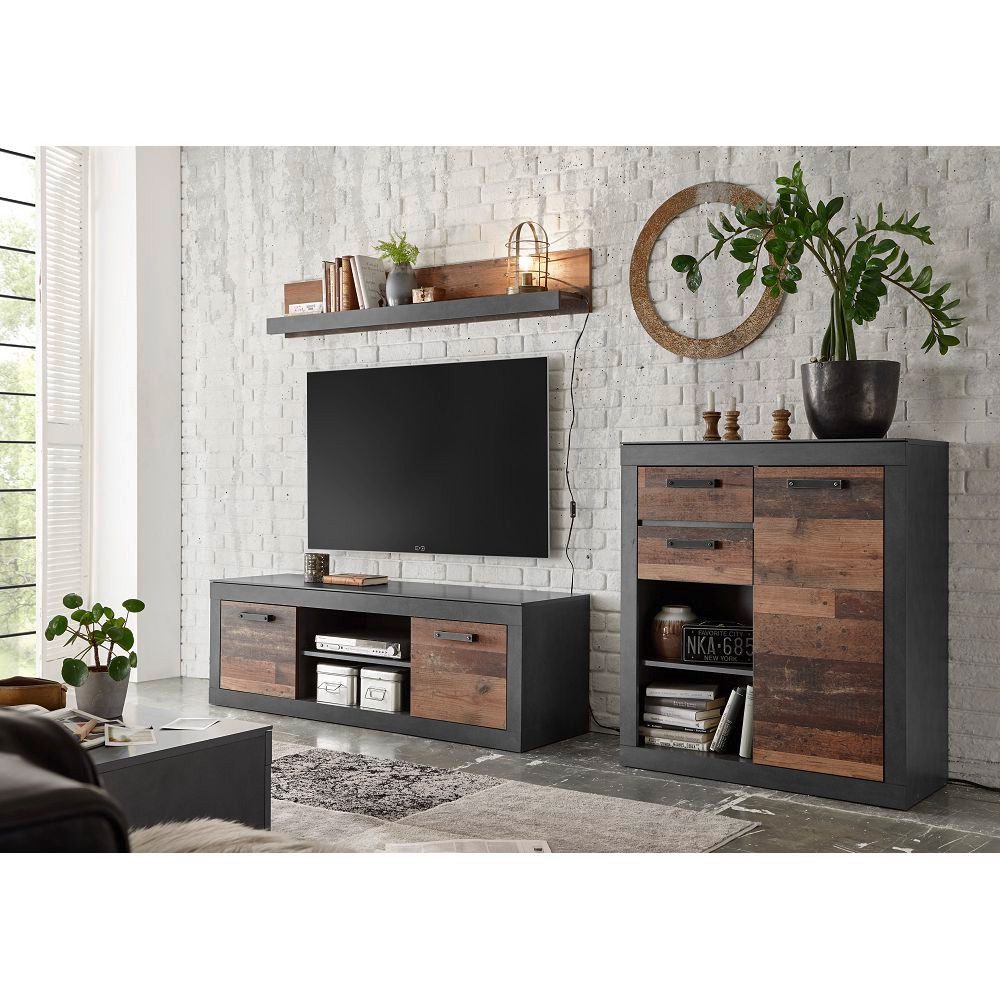 Lomadox Wohnwand BERLIN-61, Old Mix Dekor mit Matera grau 265/104/43 cm