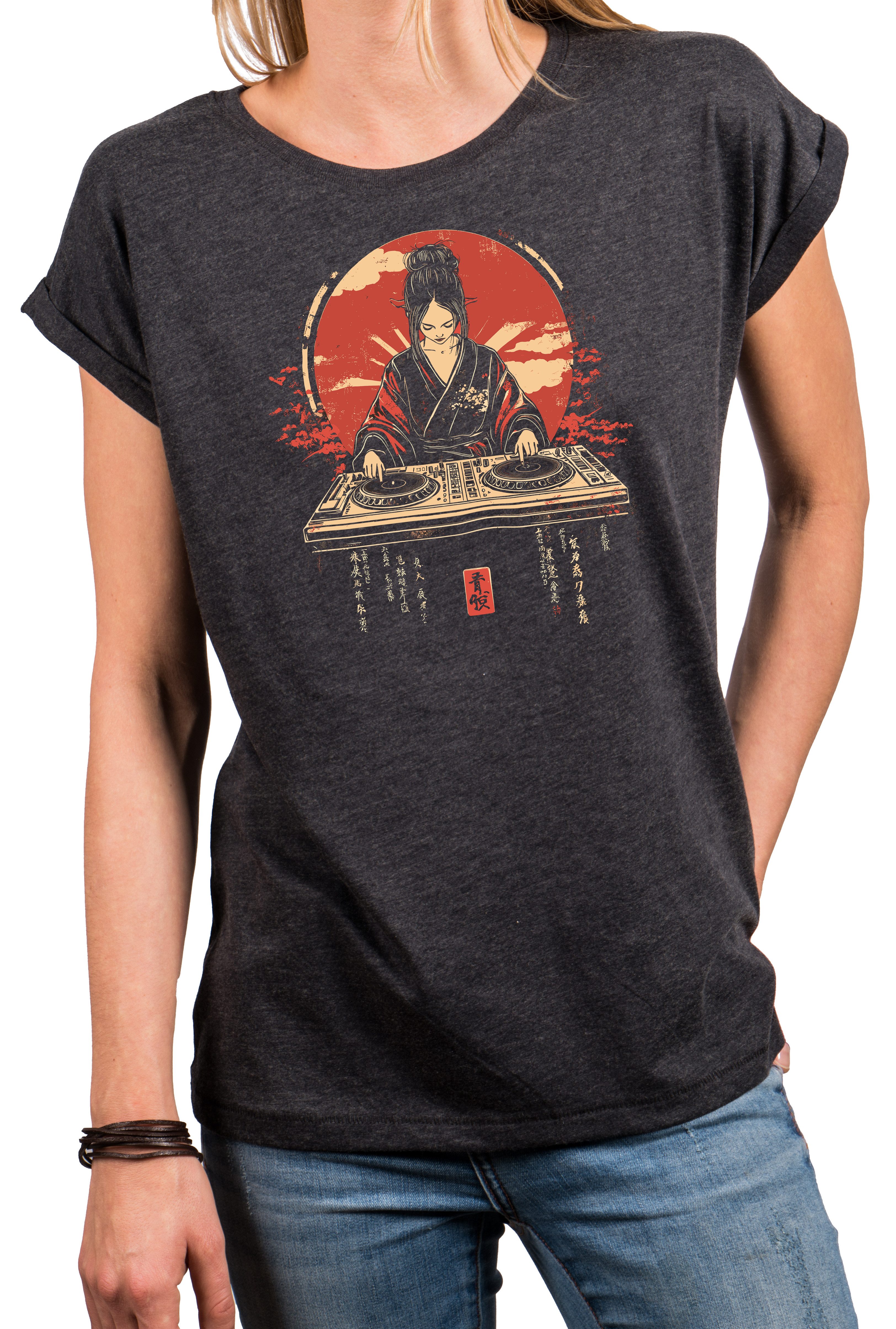 MAKAYA T-Shirt Damen-DJ-Top mit Asia-Design – Festival-Style für Techno & Rave (Schwarz, Blau, Grau, 34, 36, 38, 40, 42, 44, 46, 48, 50) Baumwolle