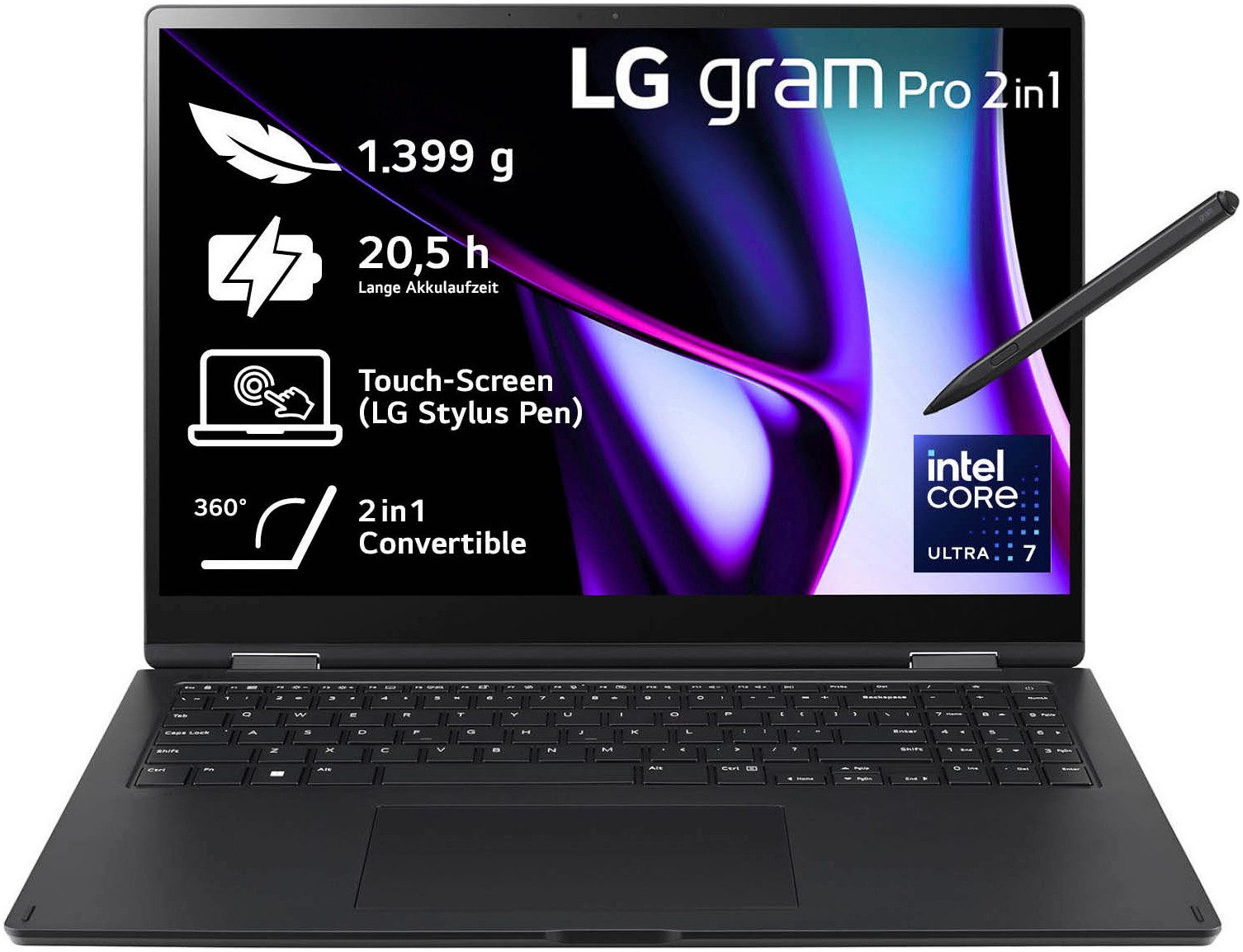 LG Gram Pro 2in1 16" Laptop, OLED-Touchscreen, 16GB RAM, Windows 11 Home, Convertible Notebook (40,6 cm/16 Zoll, Intel Core Ultra 7 155H, ARC, 1000 GB SSD)