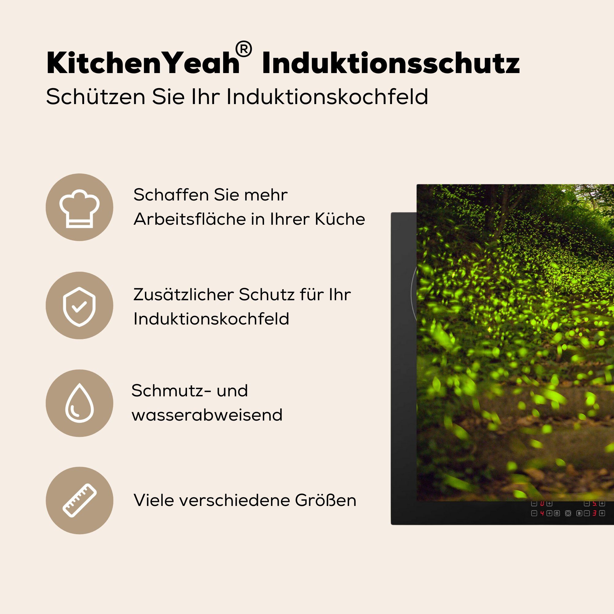 Landschaft, flache fliegen über Induktionskochfeld Grüne tlg), MuchoWow Glühwürmchen eine Schutz die cm, für Herdblende-/Abdeckplatte Vinyl, küche, (1 81x52 tief Ceranfeldabdeckung