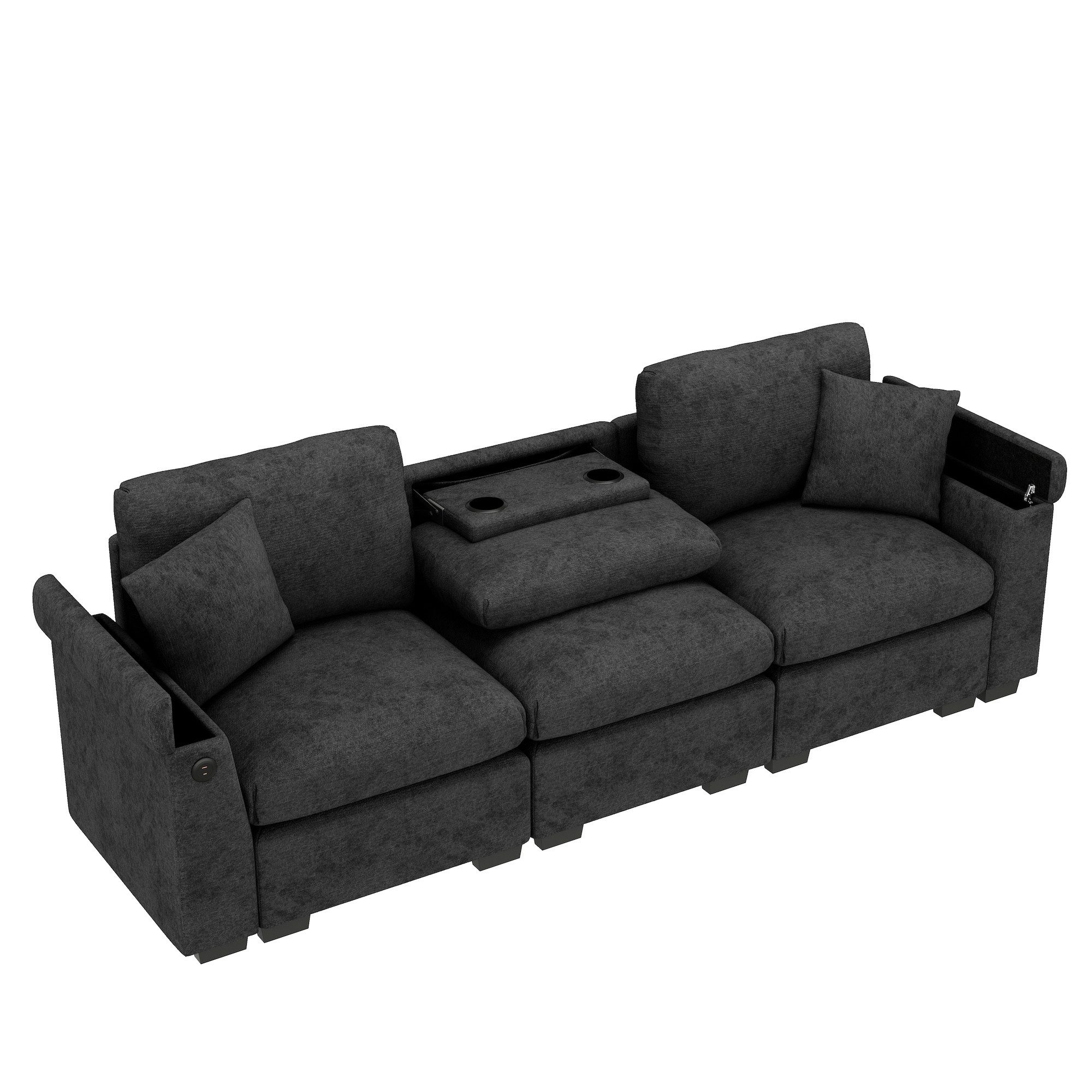 SOFTWEARY 3-Sitzer Sofa mit Klapptisch und Mehrfachsteckdosen, mit Zierkissen, Rückenkissen, Getränkehalter, USB und Type-C, Big-Sofa, Ecksofa, L-Form, Chenille