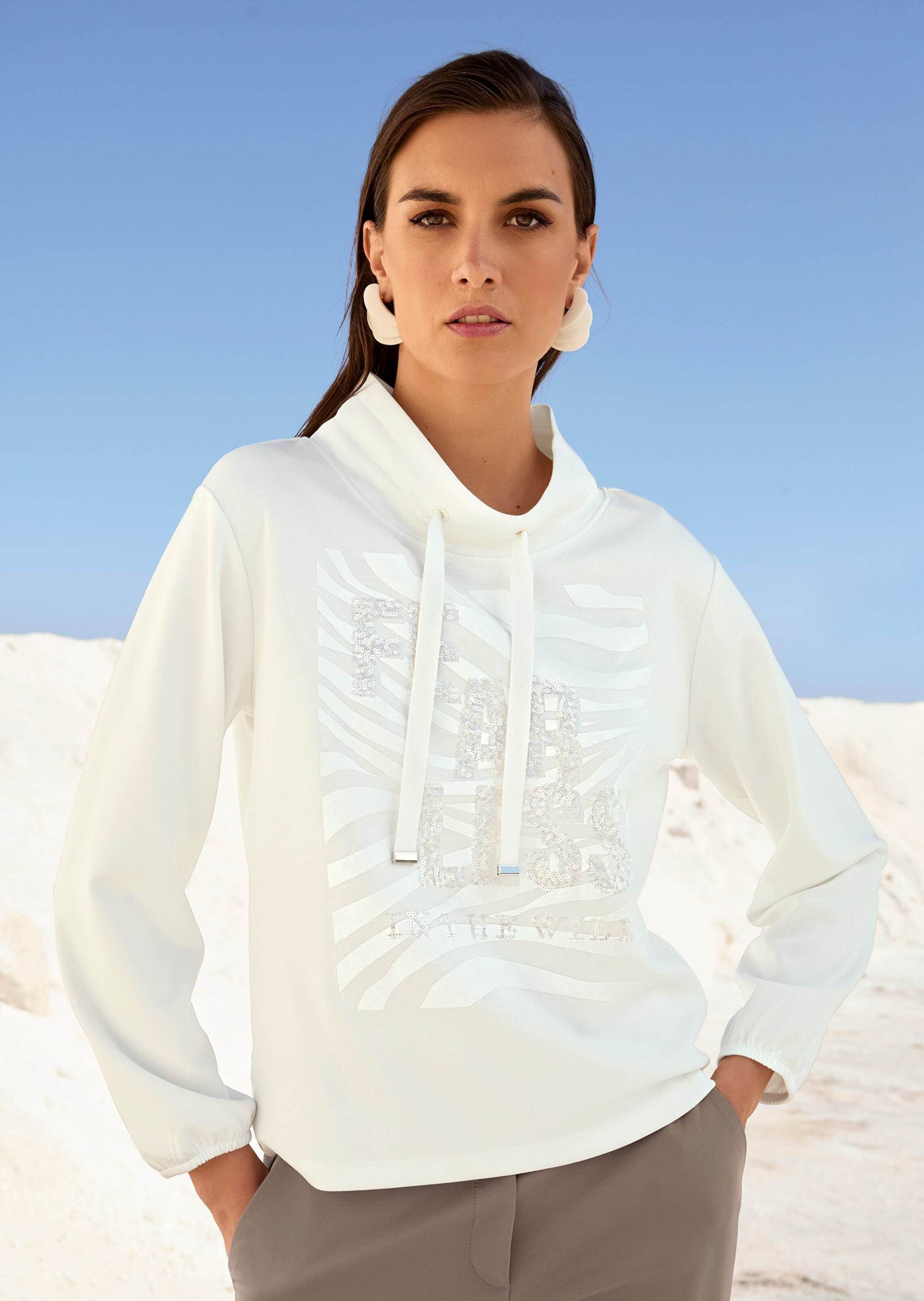 MADELEINE Langarmshirt Lässiges Sweatshirt mit Print Moderner Winterpullover mit Stehkragen, Bändchen-Durchzug und Langarm
