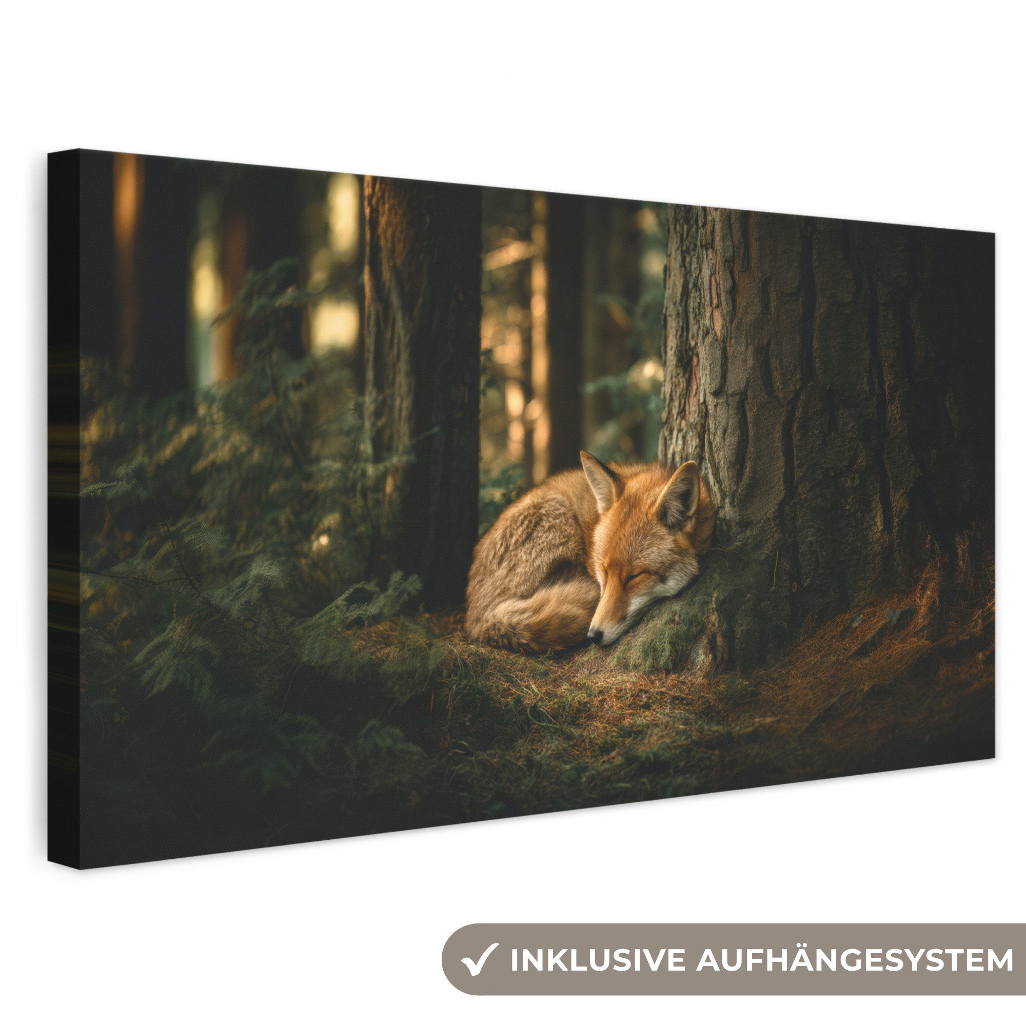 OneMillionCanvasses® Leinwandbild Panorama Fuchs - Wald - Schlaf, Fotodruck (1 St), Wandbild, Deko Schlafzimmer Wohnzimmer Flur 40x20 cm