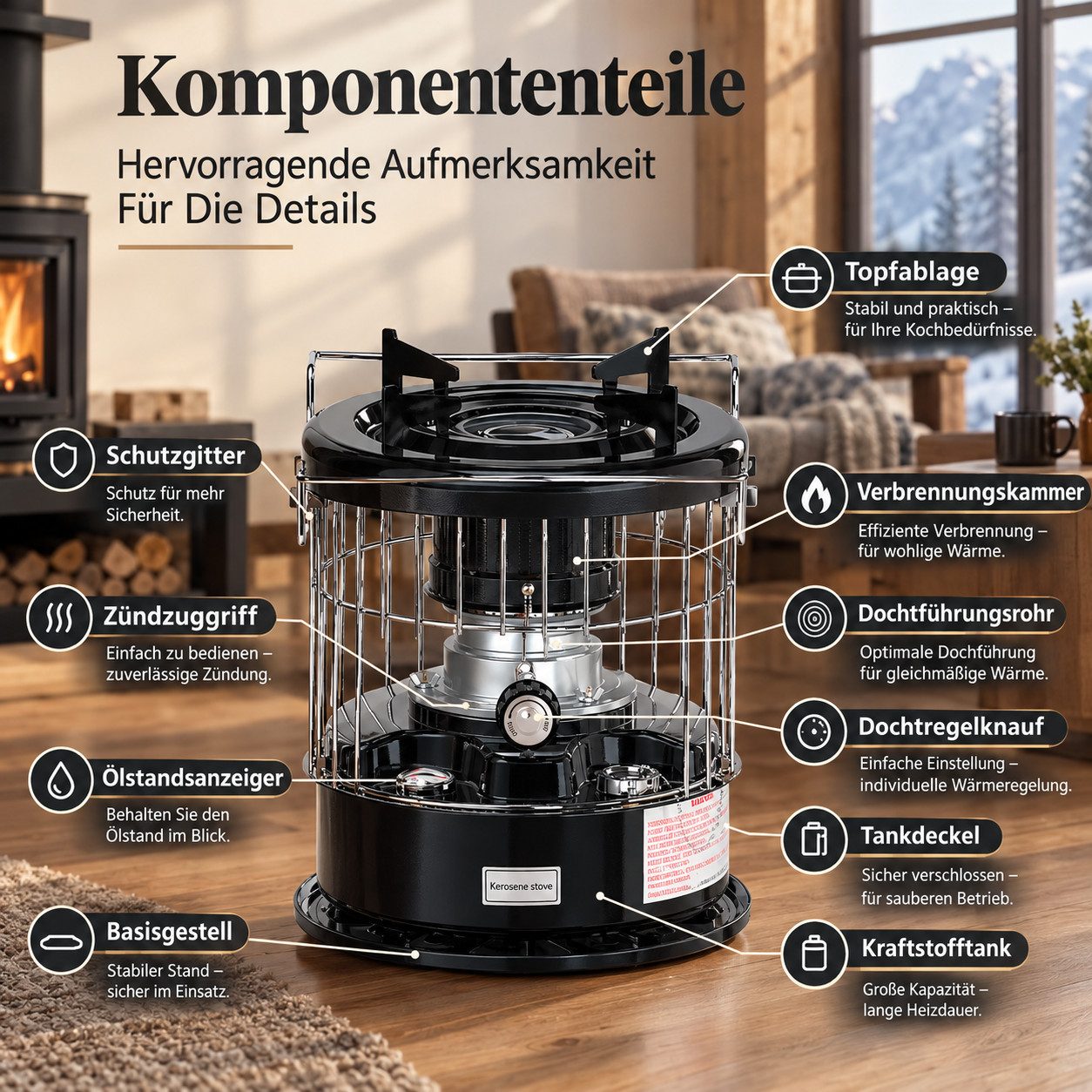 GLIESE Petroleumheizung – Brennstoffbetriebener Raumheizkörper R95, tragbar & Campingkocher, Ohne Strom, 2600 W, 12,5 h Laufzeit, Heizen & Kochen, 6,5 kg – Bild 4 von 5