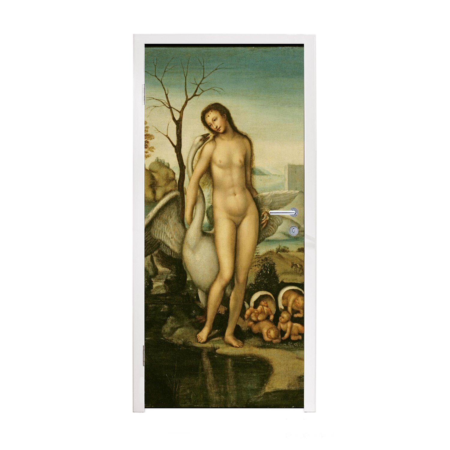 MuchoWow Türtapete Leda und der Schwan - Leonardo da Vinci, Matt, bedruckt, (1 St), Fototapete für Tür, Türaufkleber, 75x205 cm