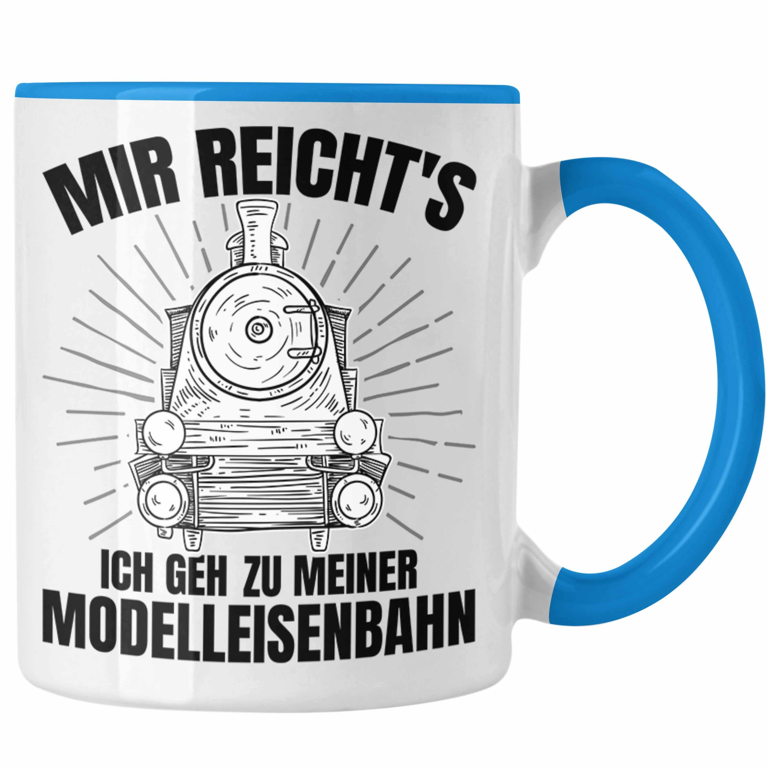 Trendation Tasse Trendation - Mir Reichts Ich Geh Zu Meiner Modelleisenbahn Geschenk Tasse Dampflok Spruch Mönner Geschenkdidee Blau