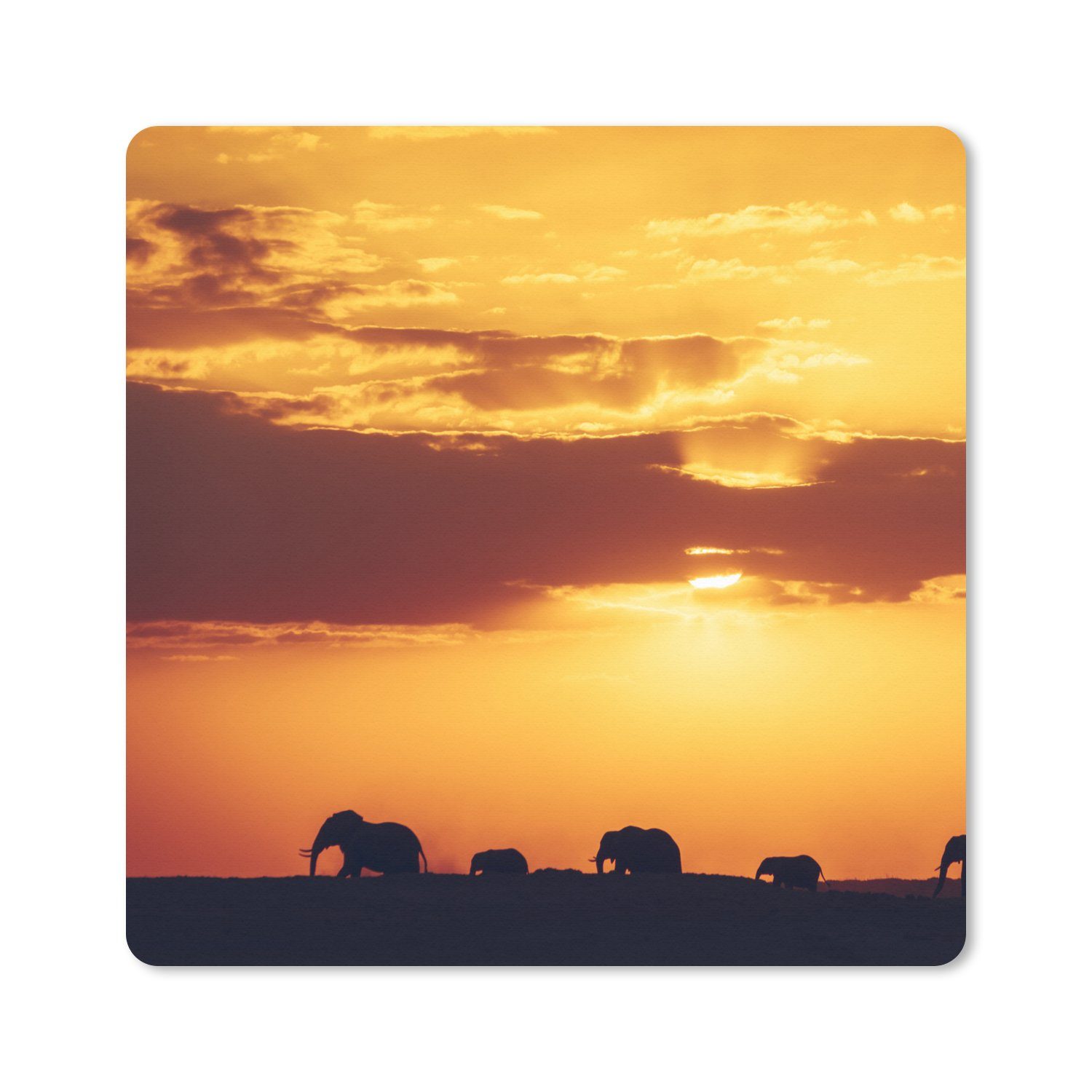 MuchoWow Gaming Mauspad Elefantenherde bei Sonnenuntergang (1-St), Gaming, Rutschfester Unterseite, Mausunterlage, 80x80 cm, XXL, Großes