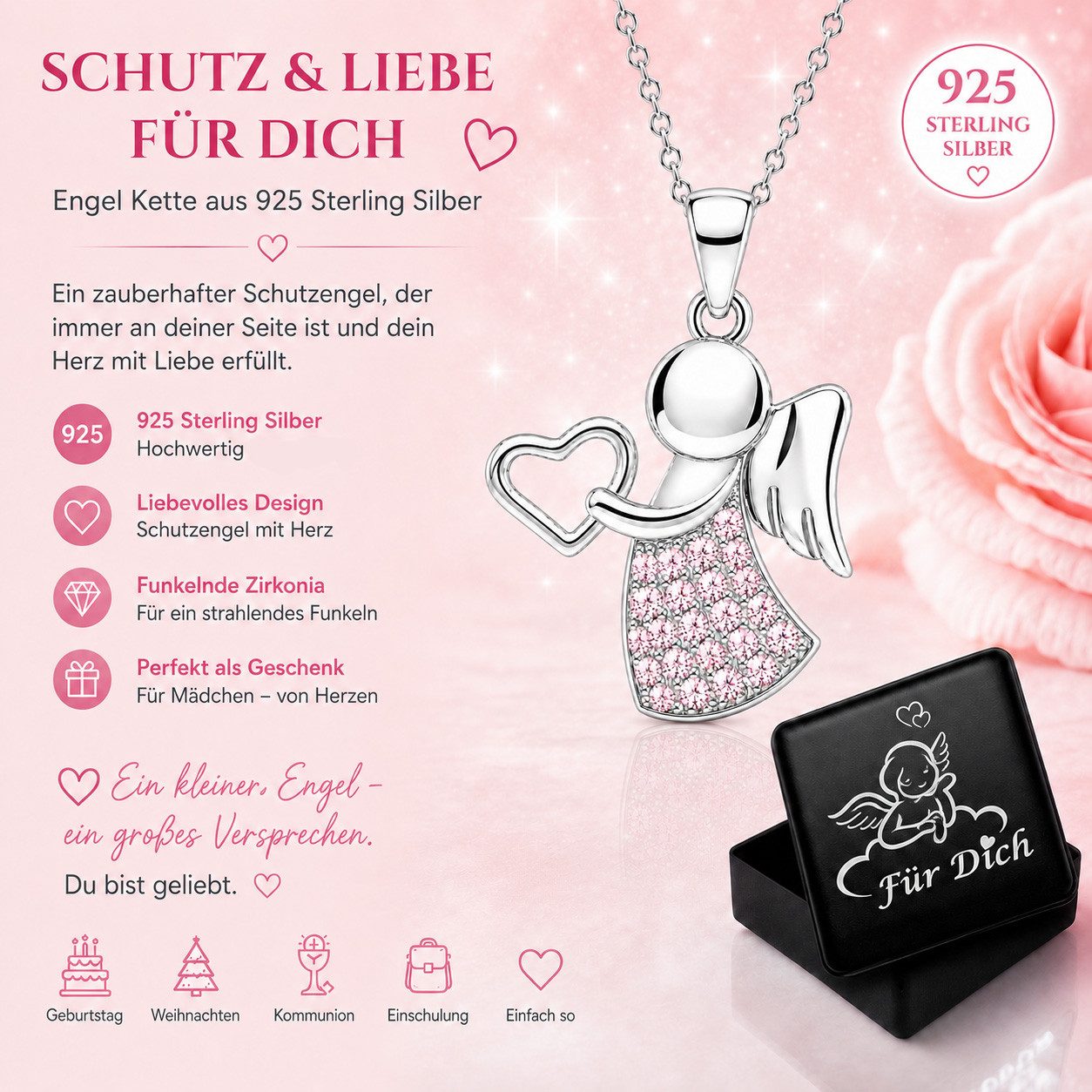 Limana Engelanhänger Schutzengel Kinder Mädchen Kette 925 Silber Herz Zirkonia Geschenk (Schmuck inkl. Dose), Geburtstag Weihnachten Einschulung Konfirmation Ko – Bild 2 von 5