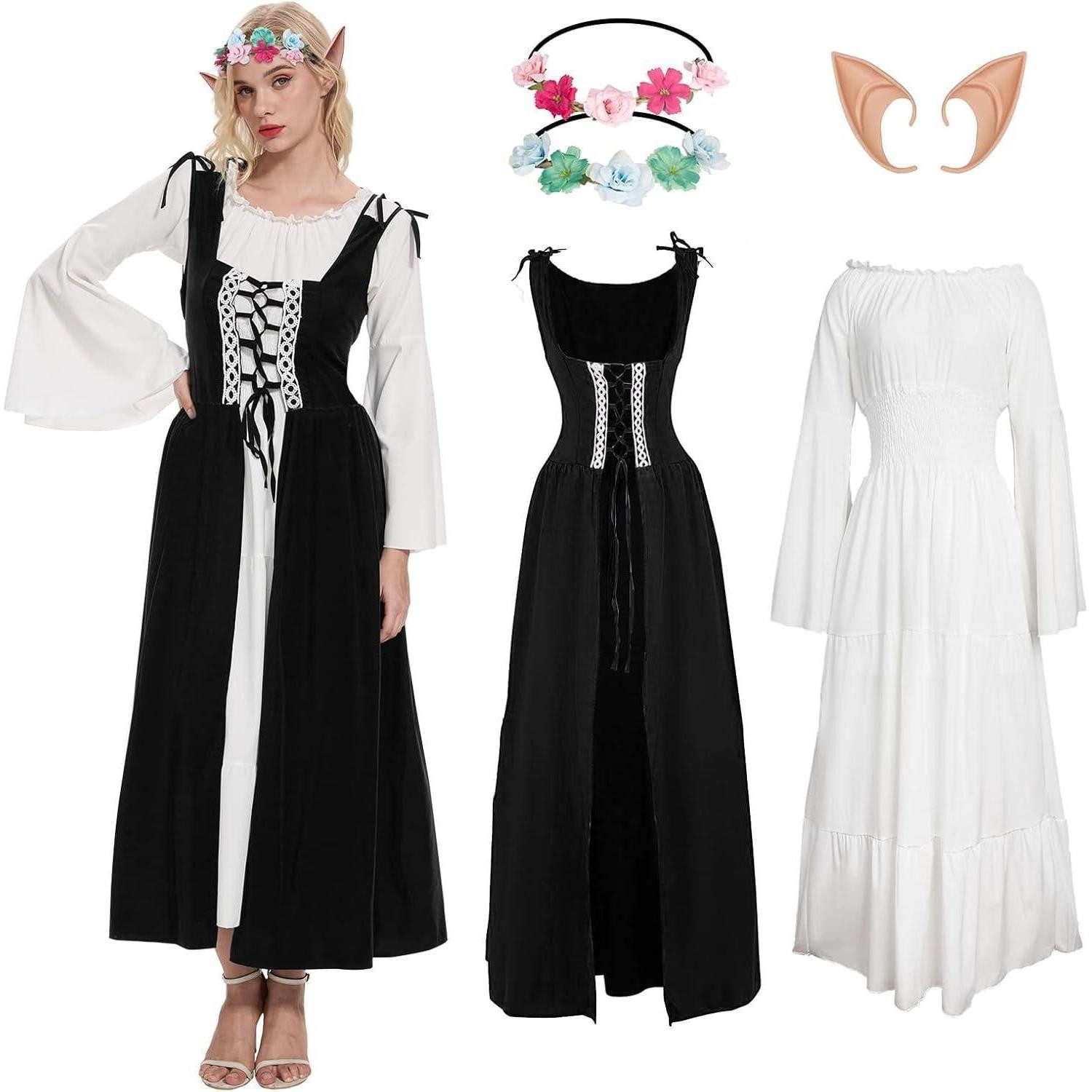 LuxusKollektion Feen-Kostüm Kleid Mittelalter Renaissance Damen Elfenohren Kostüm M Schwarz