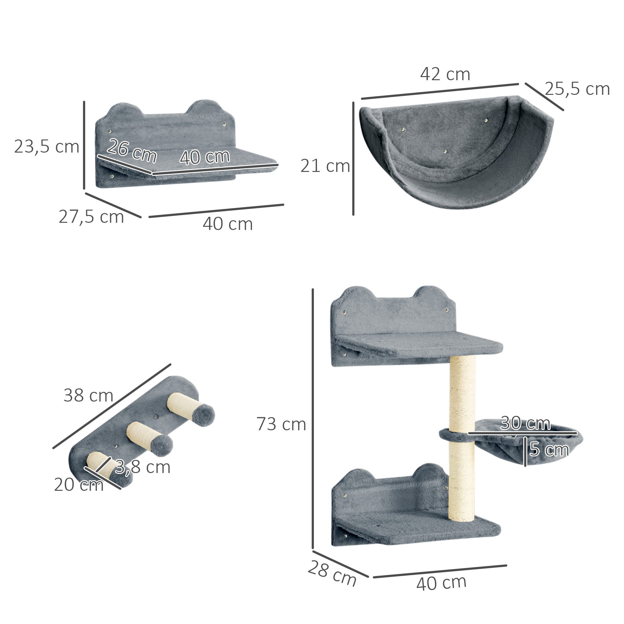 PawHut Katzen-Kletterwand 4 tlg. mit Kaztentreppe, Hängematte, Sprungplatt, Wandkratzbaum, für Katzen bis 5 kg, Polyester, grau