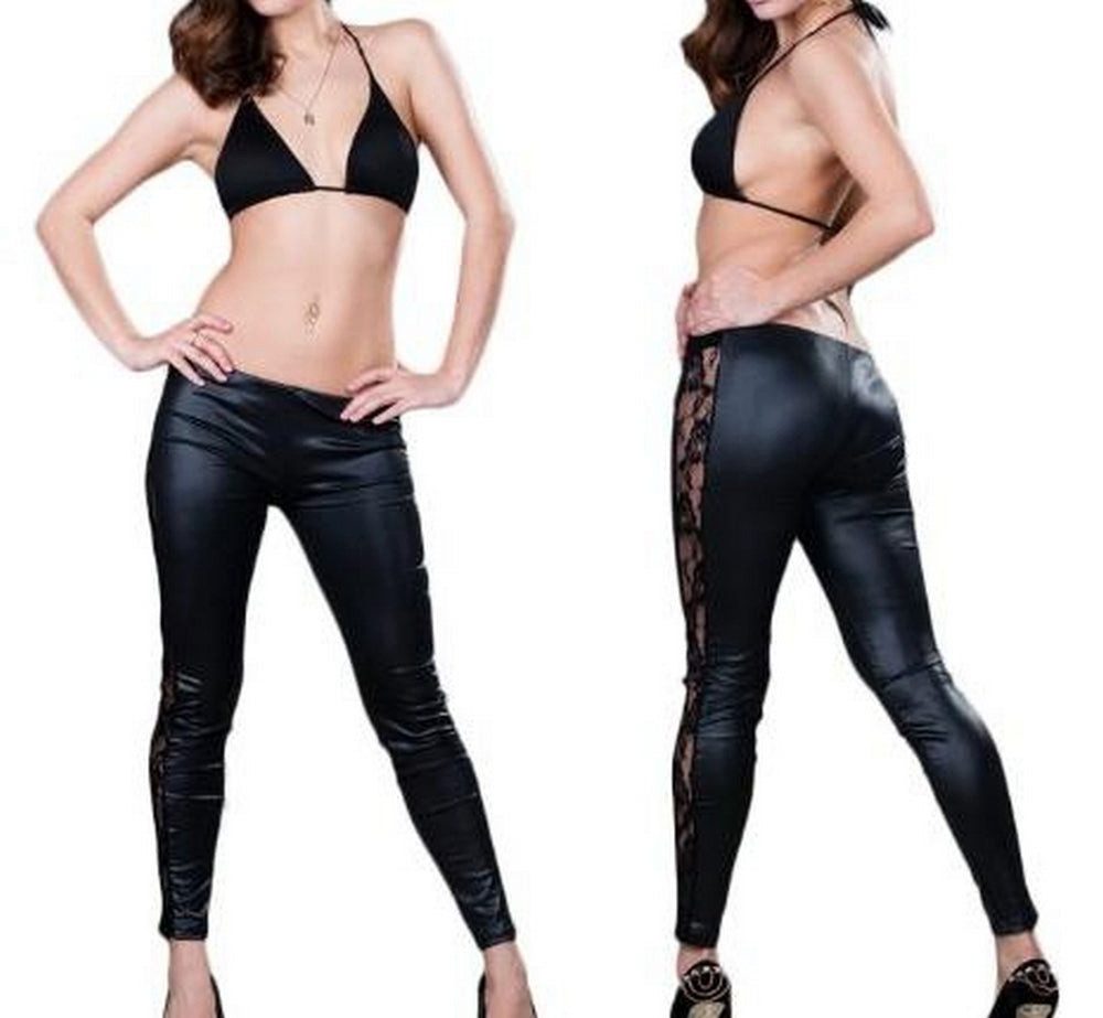 Leggings Spitzen Jeggings Netz Wetlook Schwarz Hose Lack Leder S/M