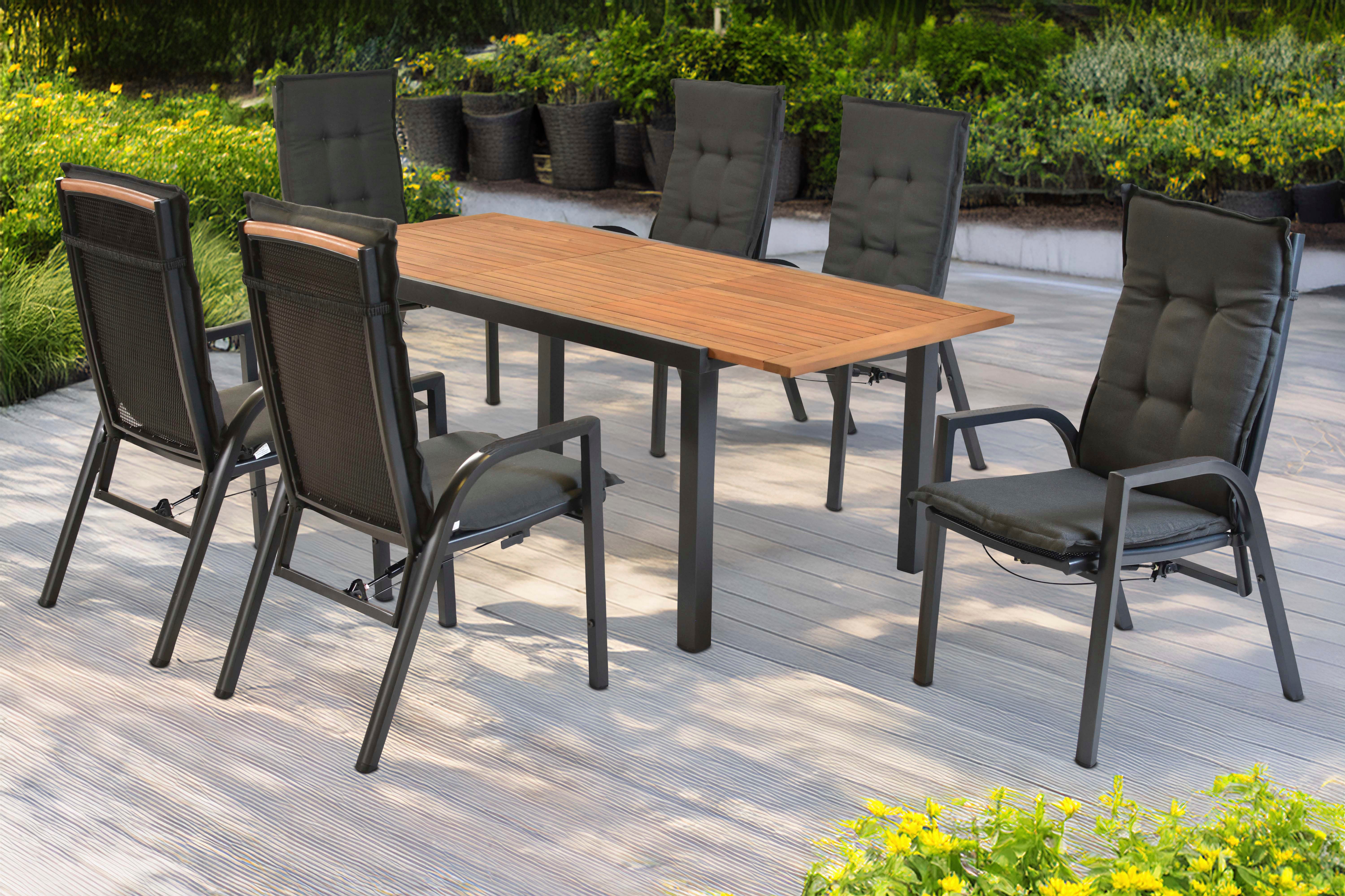 MERXX Garten-Essgruppe »Tilos«, (Set, 13-tlg., Rückenabschluss und Armlehnen aus Akazienholz), Rückenlehne verstellbar durch Gasdruckfeder