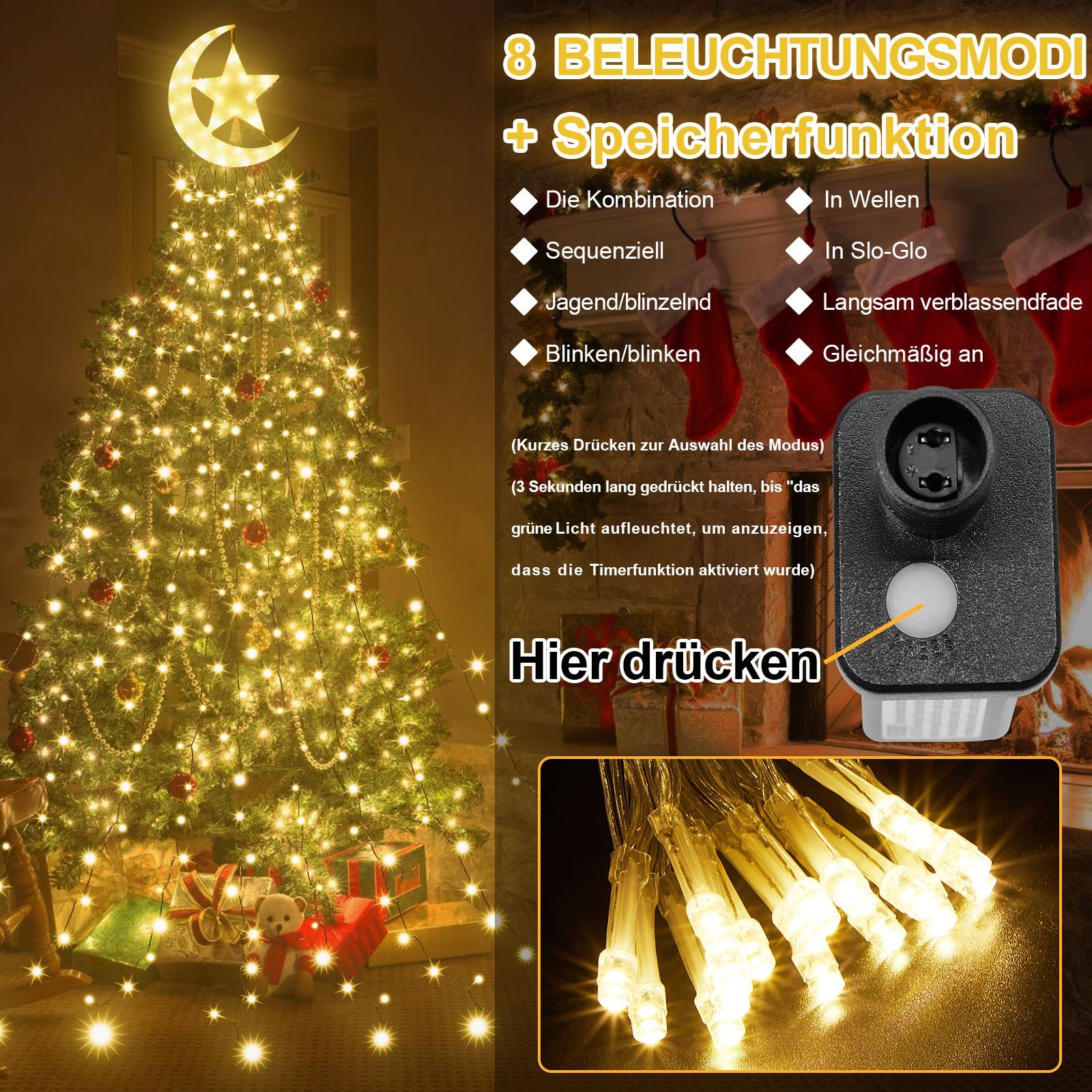 Warmes Wasserfall Weiß Weihnachtsbaum Timer Star, Lichterkette, LED LED-Lichterkette Modi, Sunicol 8 350-flammig, Topper