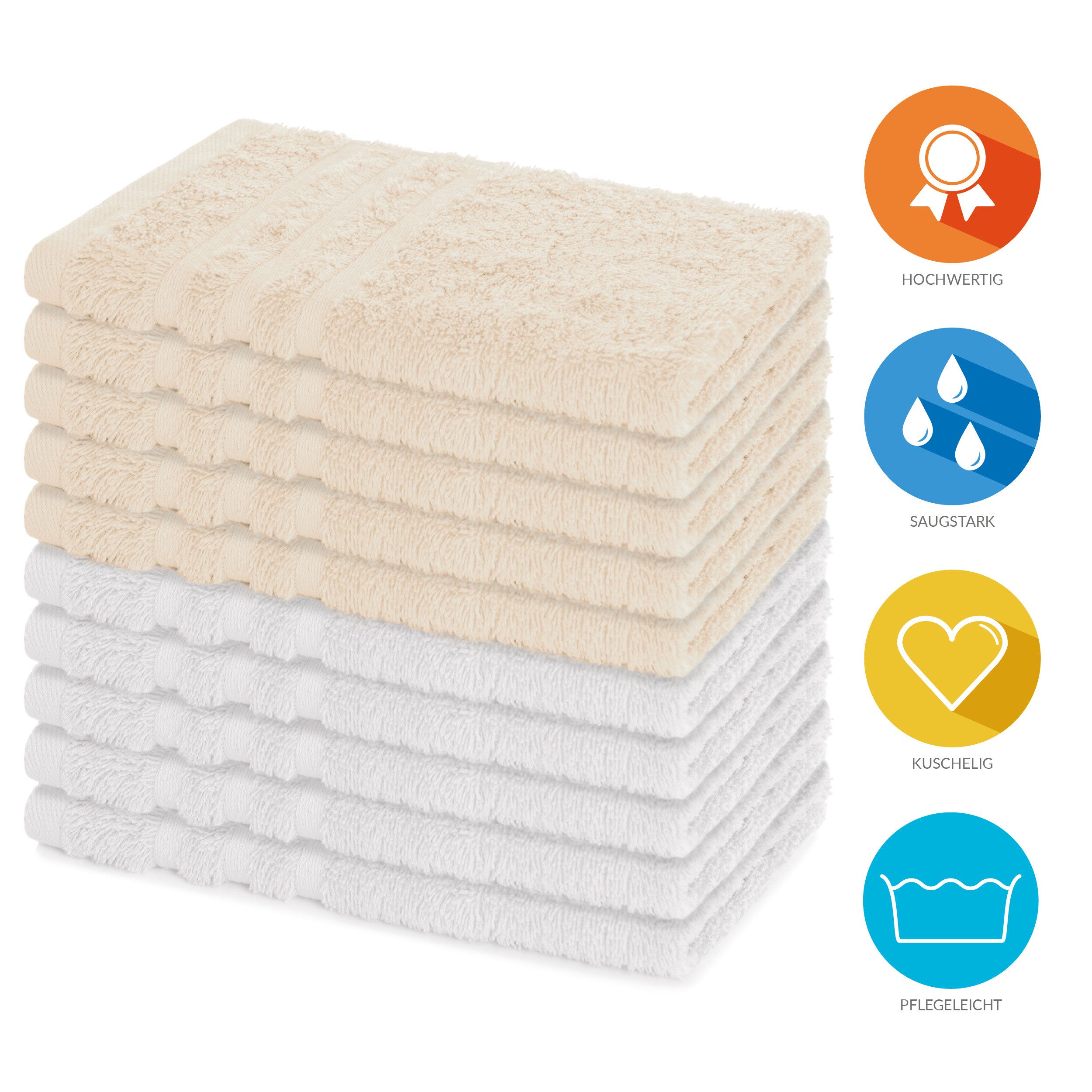 Lavea Gästehandtücher 30x50 cm, 10er Set Gästehandtuch, Elena-Frottee Handtuch, Gästetuch, (Set, 10-St), 500 g/m² Frottier, weich & saugstark, pflegeleicht