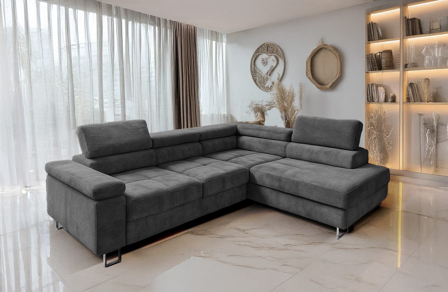 Goldstoff Ecksofa mit Schlaffunktion, Cord Couch für Wohnzimmer - Cord Ecks günstig online kaufen