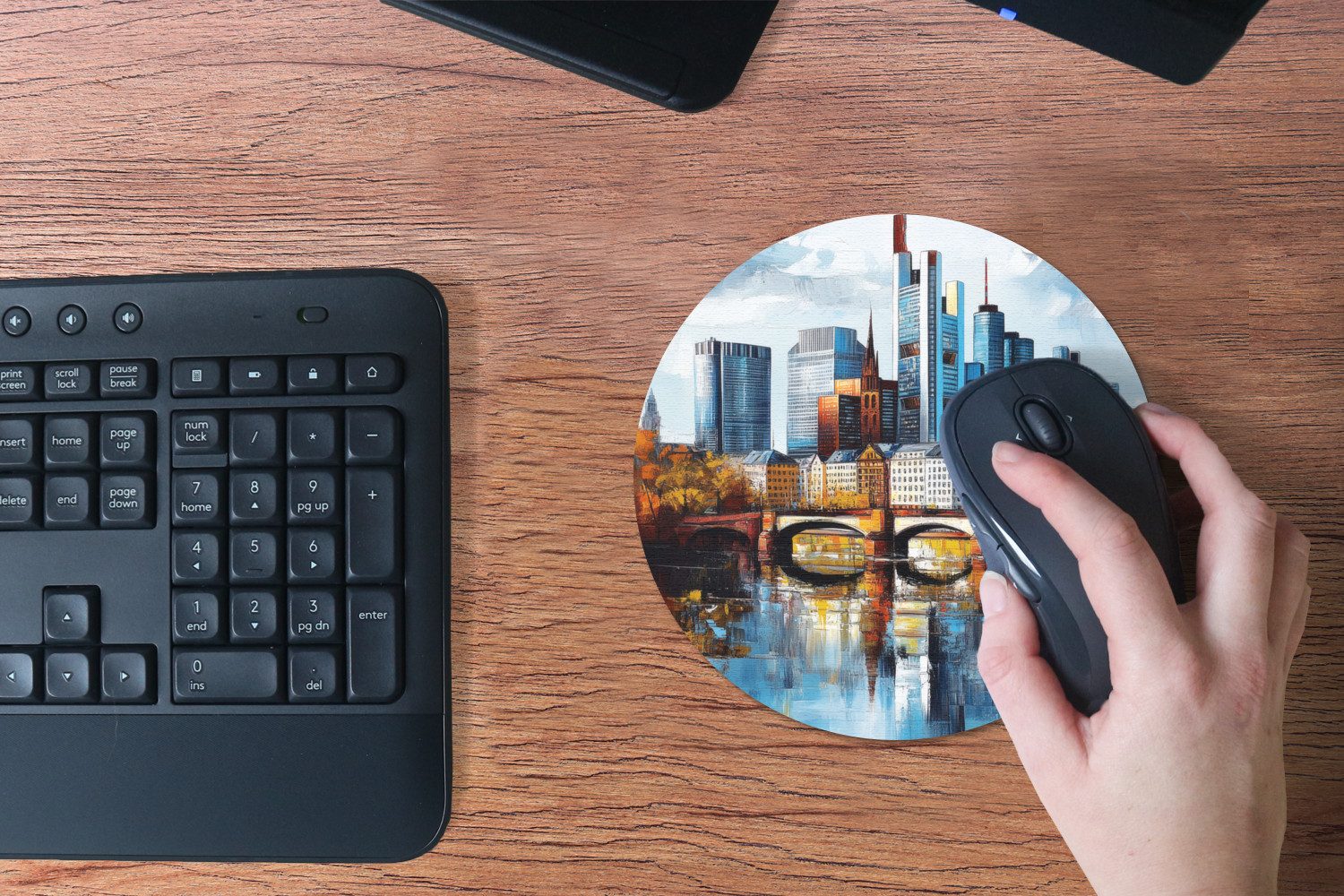 MuchoWow Mauspad Bäume Frankfurt - Stadt - Skyline - Brücke (1-St), Büro für Tastatur und Maus, Mousepad Gaming, Rund 20x20 cm – Bild 5 von 5