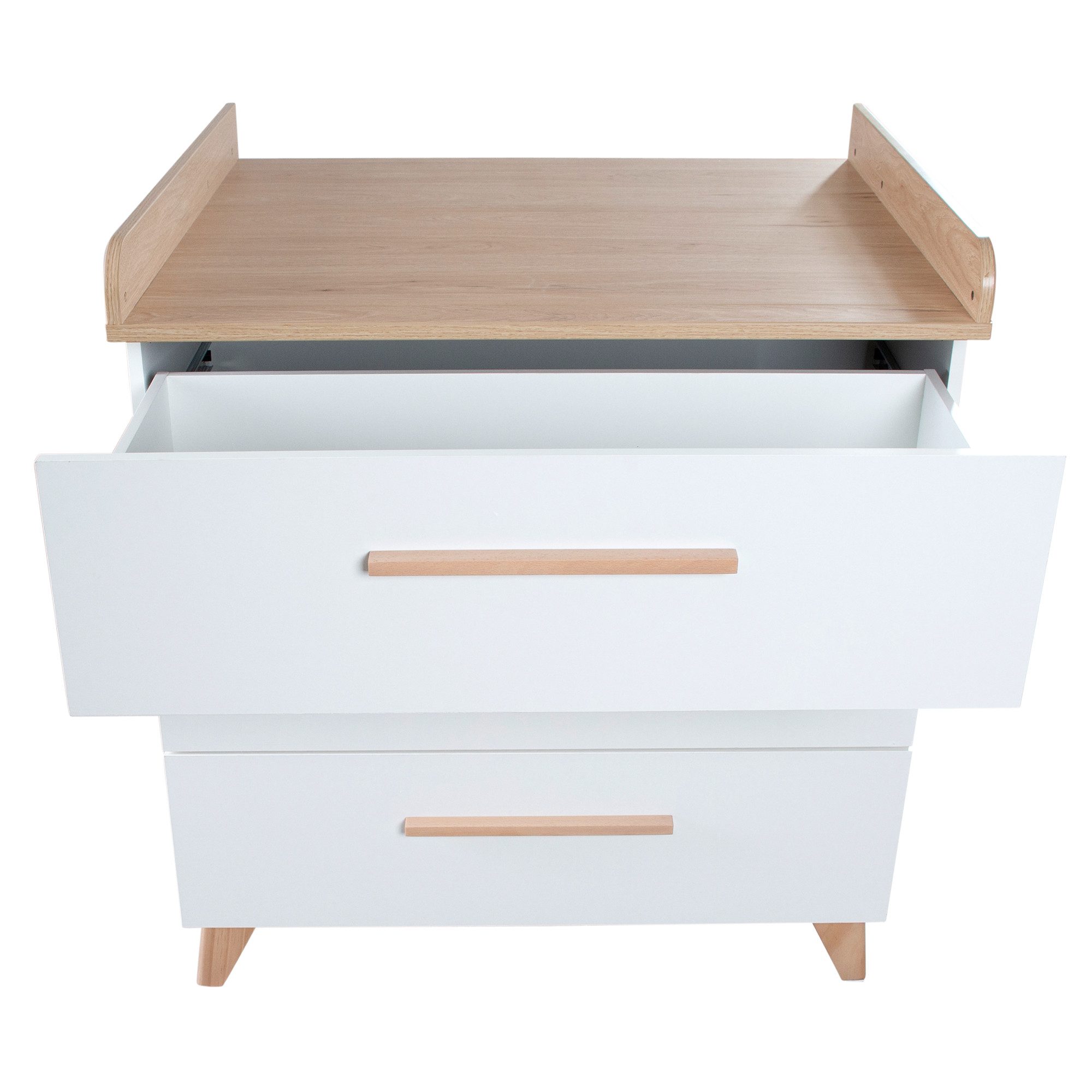roba® Leon changing table - made of wood - in white with Othello oak decor - 3 drawers, with full extension - solid wood feet & handles