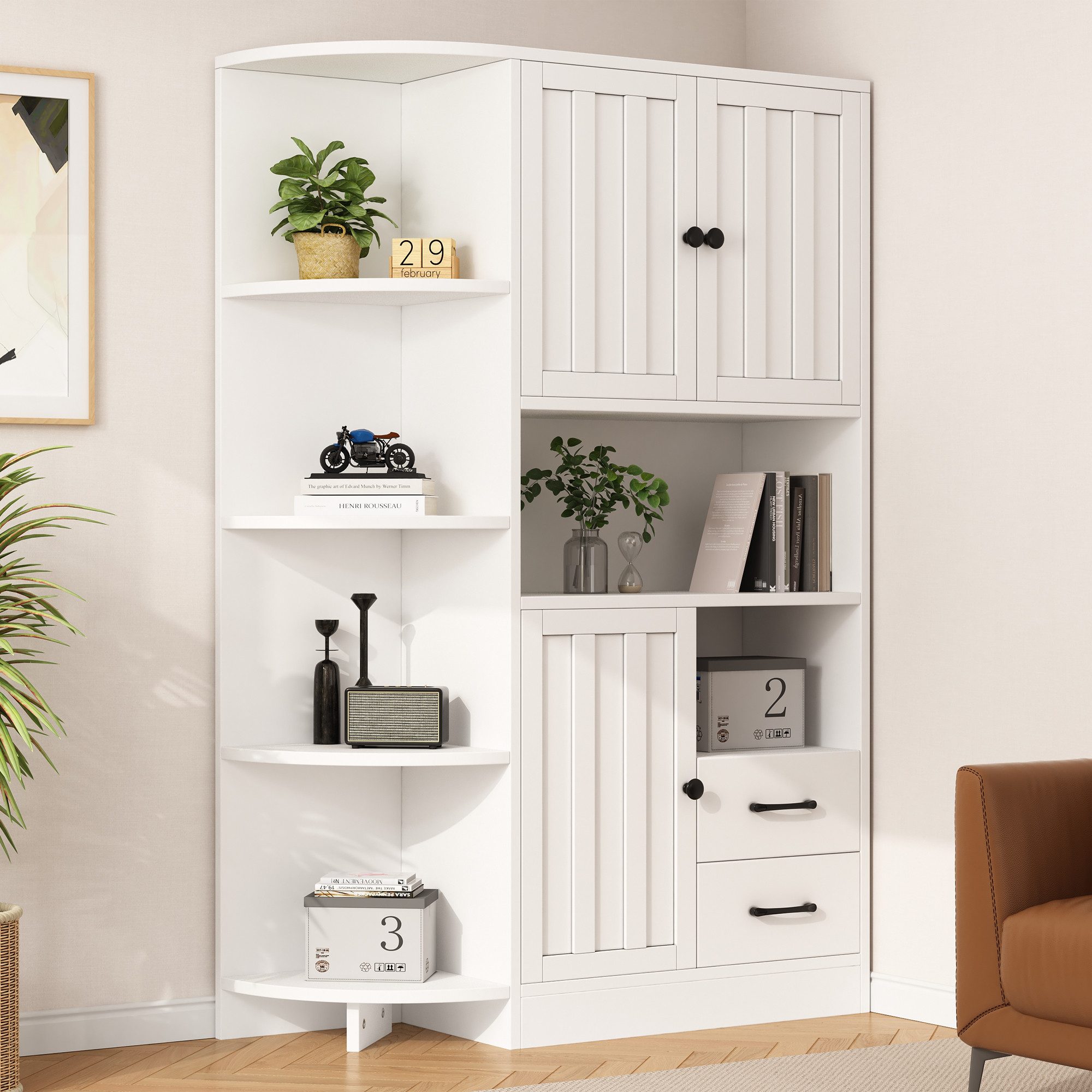 Merax Eckschrank Aufbewahrungsschrank Eckregal Mehrzweckschrank in Weiß (1-St., 104*35*155cm) mit 14 Ablagebereichen, 3 Schränken, 2 Schubladen & offenen Fächern