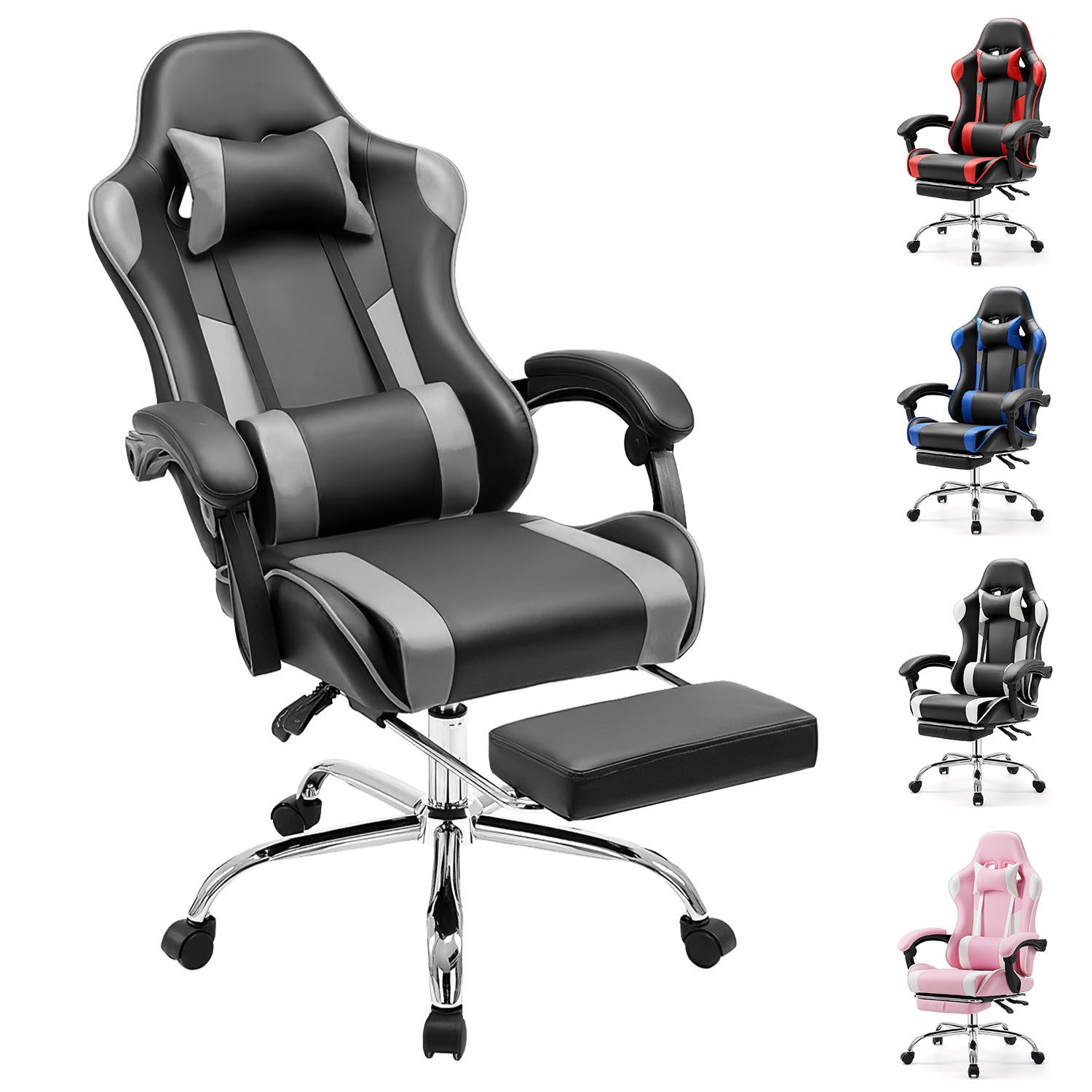 IDEASY Gaming-Stuhl Bürostuhl Computer Gaming Sessel Ergonomischer Gamer Stuhl (Ein Stuhl), Rückenlehne Sitzhöhe Verstellbar mit Fußstütze Kopfstütze Lendenkissen