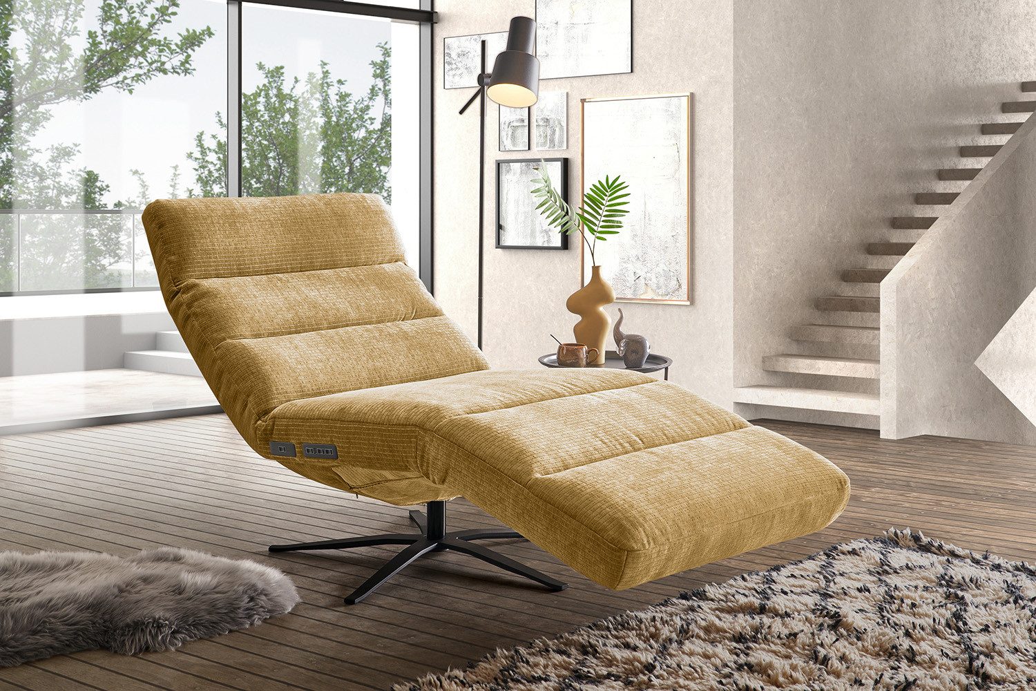 KAWOLA Relaxliege ALINA Cord senf - Motorisch & Bequem - TV Liege, 360° drehbar, motorisch, Komfortpolsterung, Cord Vintage Look