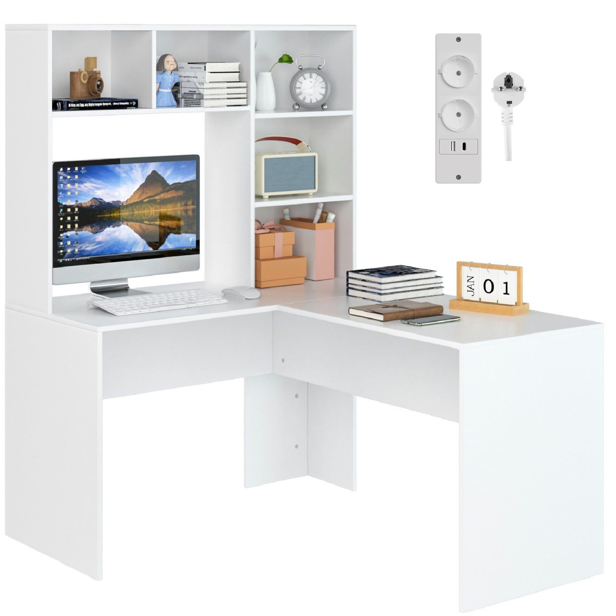 Homfa Schreibtisch mit Steckdosen, Eckschreibtisch L-förmig, Computertisch Bürotisch weiß 152cm