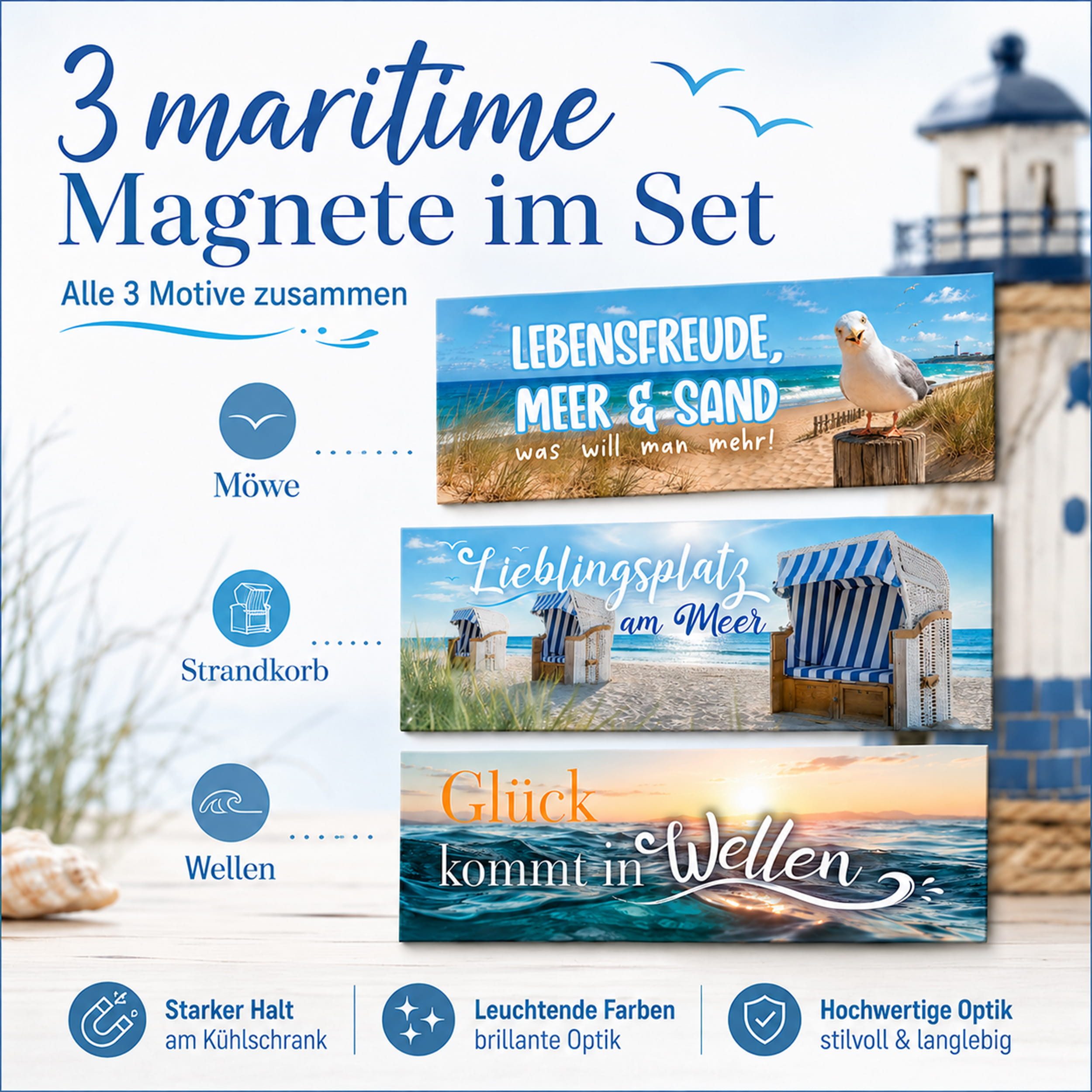 TOBJA Tischkalender Deko-Magnete 3er Set Meer für Tischkalender & Kühlschrank, 3 Magnetstreifen, Sprüche, für Kühlschrank & Tafel, Geschenkidee