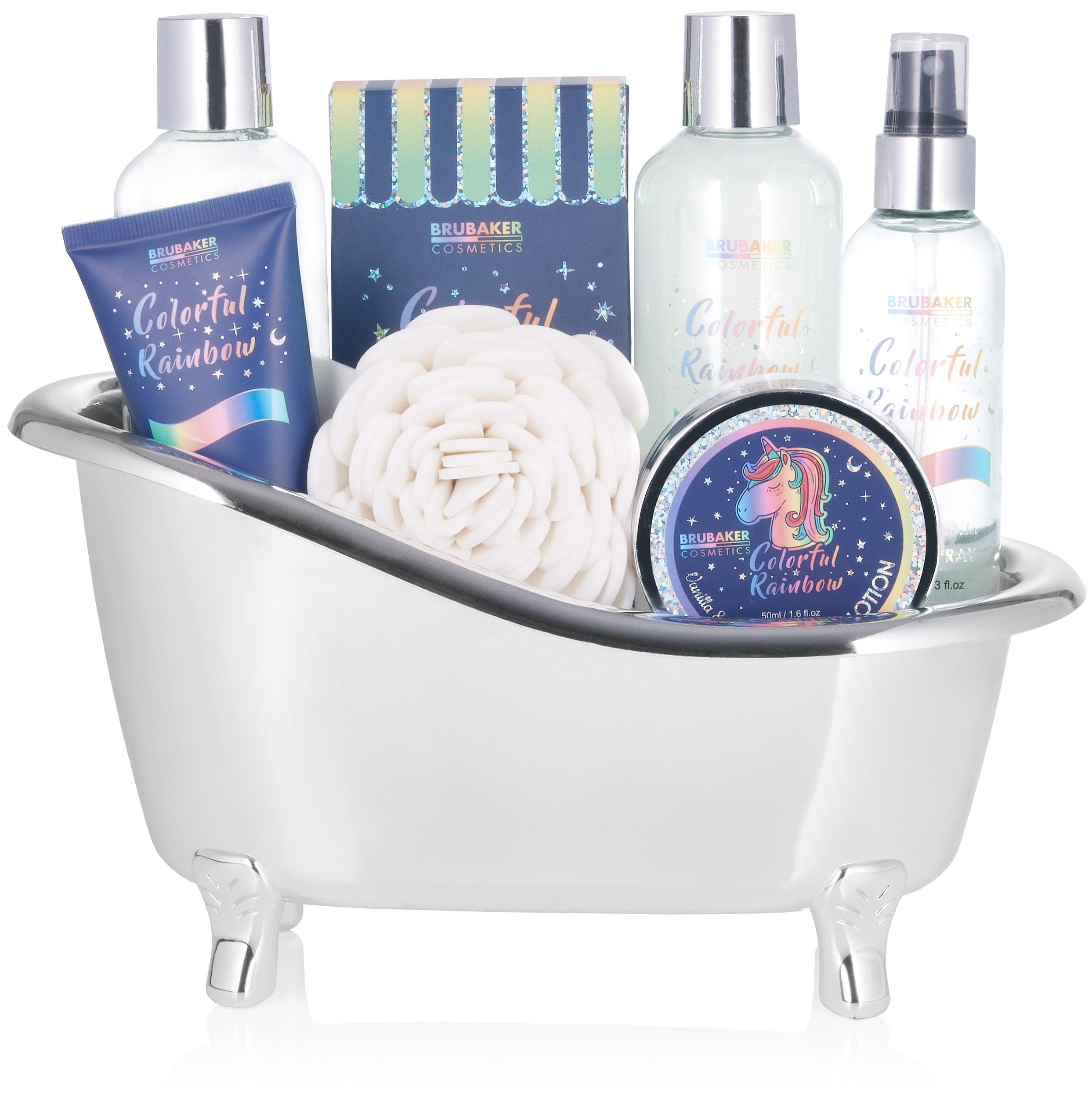 BRUBAKER Pflege-Geschenkset Einhorn Dusch- und Badeset Vanille & Lavendel Duft, 8-tlg., Frauen Geschenkset in Silber Wanne, Beauty Pflegeset für Damen – Bild 4 von 4