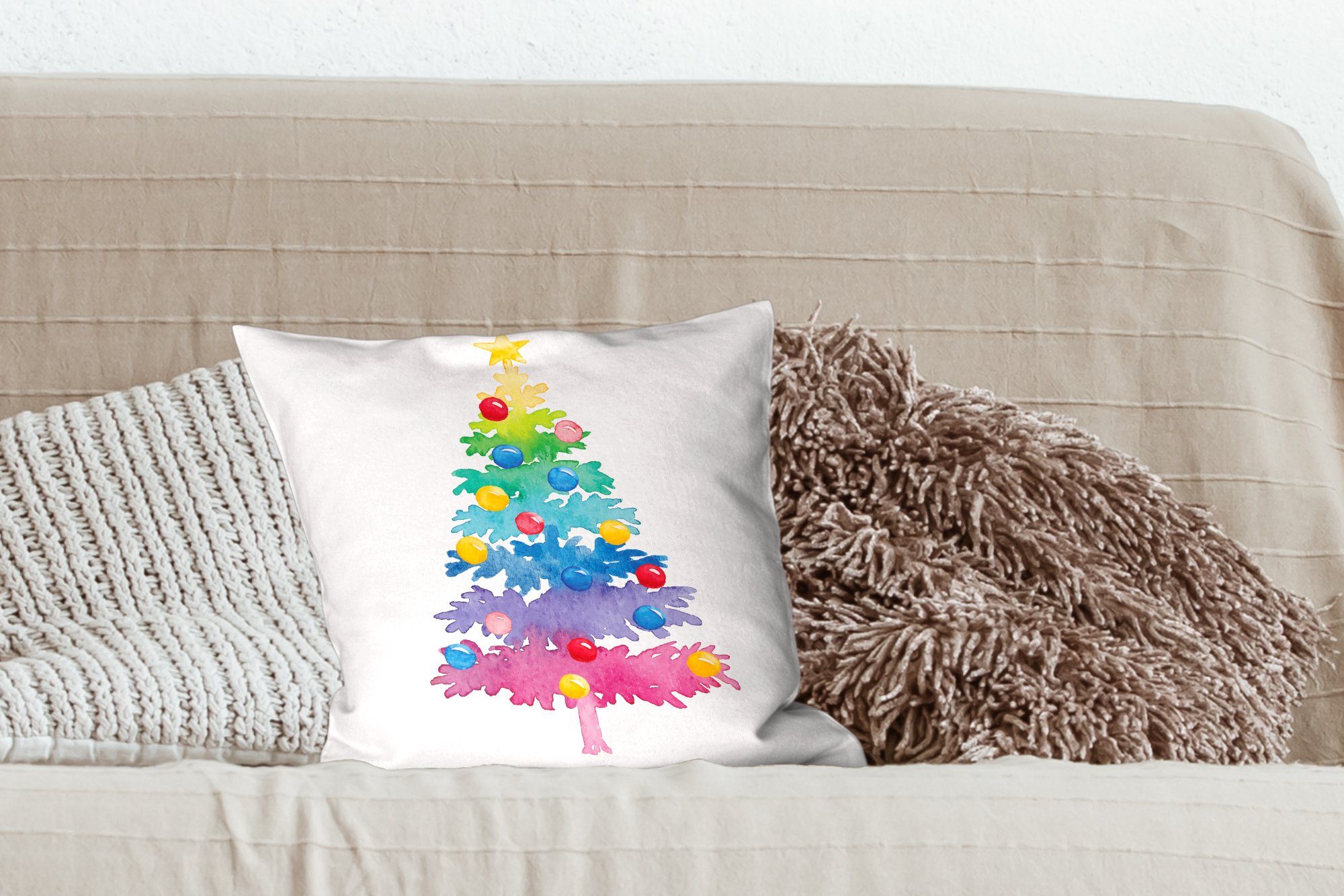 Wohzimmer, Zierkissen Füllung Weihnachtsbaum, mit MuchoWow - Weihnachten Schlafzimmer, Illustration - Sofakissen Deko, Dekokissen für