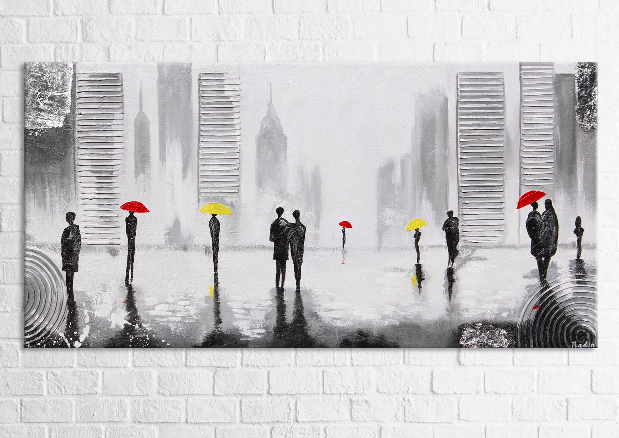 YS-Art Gemälde Angenehmes Treffen, mit Menschen, auf in Stadt Leinwand einer Regenschrim Handgemalt