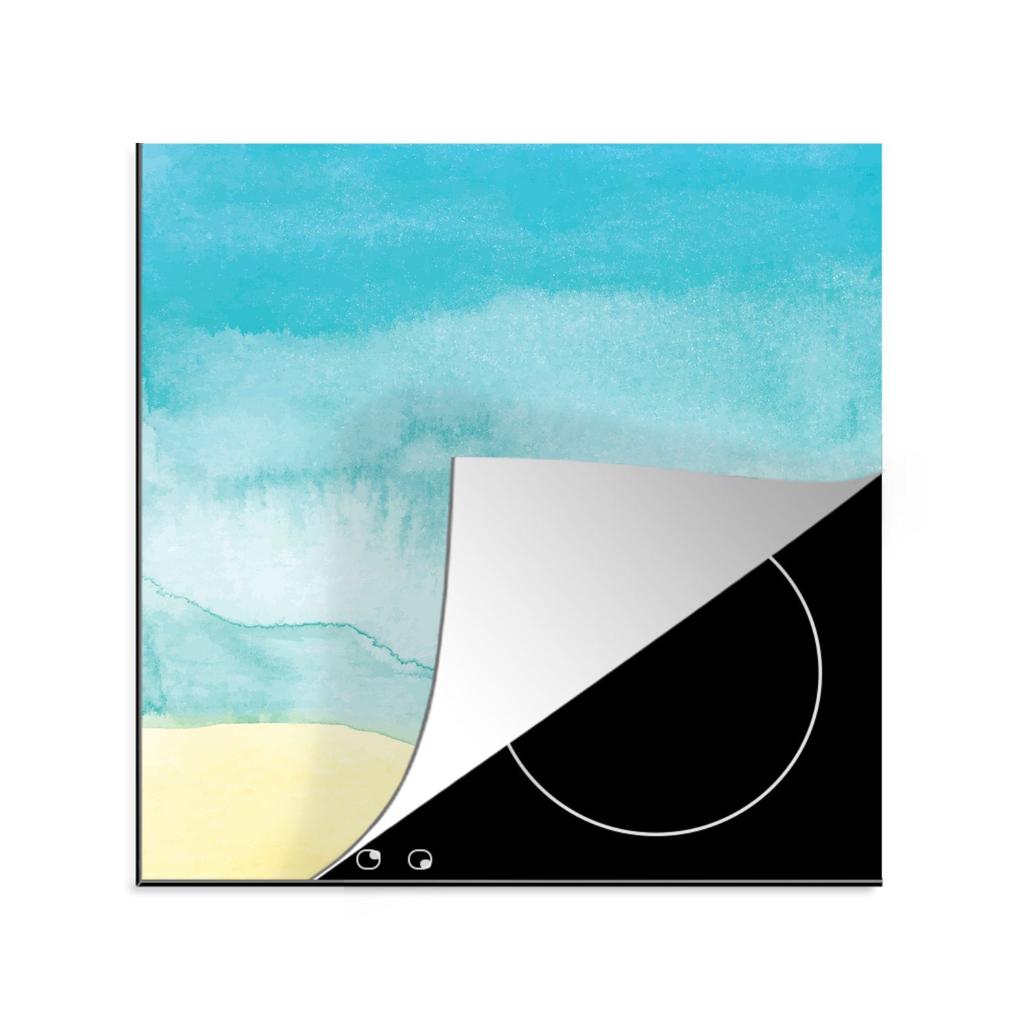 MuchoWow Herdblende-/Abdeckplatte Strand - Meer - Aquarell, Vinyl, (1 tlg), 78x78 cm, Ceranfeldabdeckung, Arbeitsplatte für küche