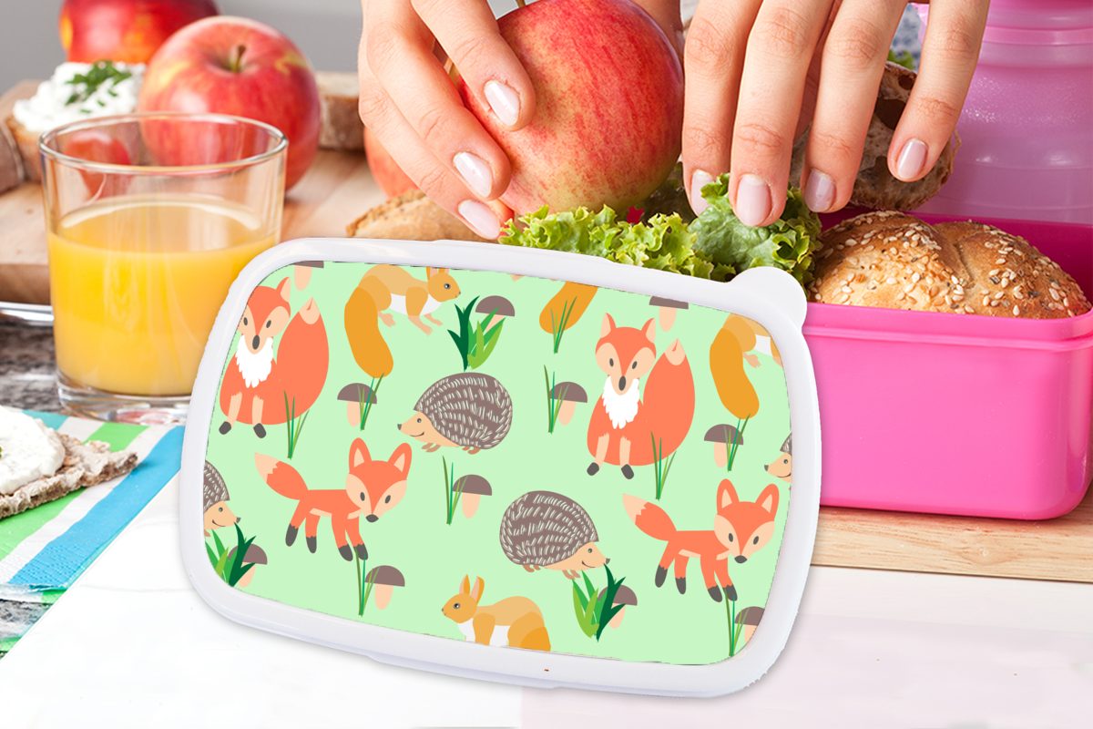 MuchoWow Lunchbox Tiere - Muster (2-tlg), Mädchen, Igel, Kunststoff, Brotdose Kunststoff Kinder, - Brotbox für Snackbox, Erwachsene, rosa